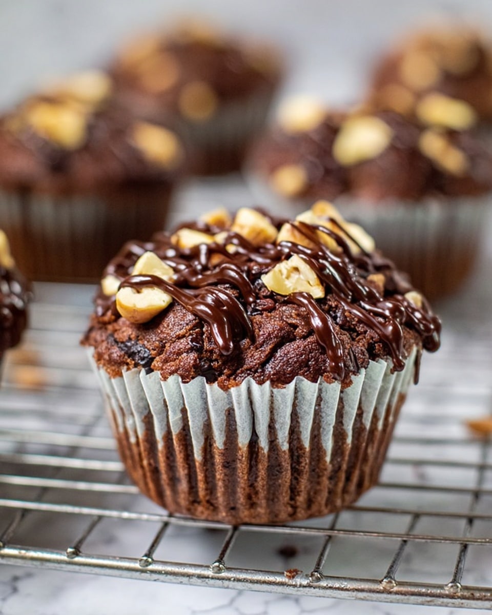 The image shows a close-up of a chocolate muffin topped with pieces of light brown chopped hazelnuts and dark, shiny chocolate drizzle. The muffin has a textured, slightly cracked dark brown top with chocolate chunks embedded. It is wrapped in a white pleated paper cupcake liner. In the background, there are more similar muffins out of focus on a metal wire rack over a white marbled surface. Photo taken with an iphone --ar 4:5 --v 7
