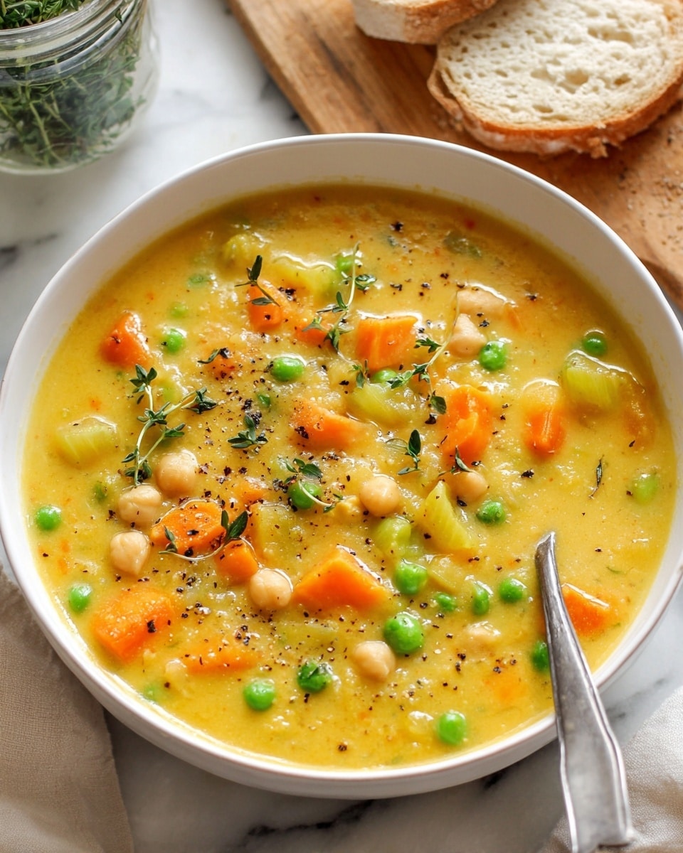 A white bowl filled with thick yellow soup containing chunks of orange carrots, green peas, pale chickpeas, and light green celery pieces, topped with small green herb sprigs and a light sprinkle of black pepper, sitting on a white marbled surface. A silver spoon rests inside the bowl on the bottom right, two slices of light brown crusty bread are in the background on a wooden board, and a clear glass jar with green herb stems is also visible. photo taken with an iphone --ar 4:5 --v 7