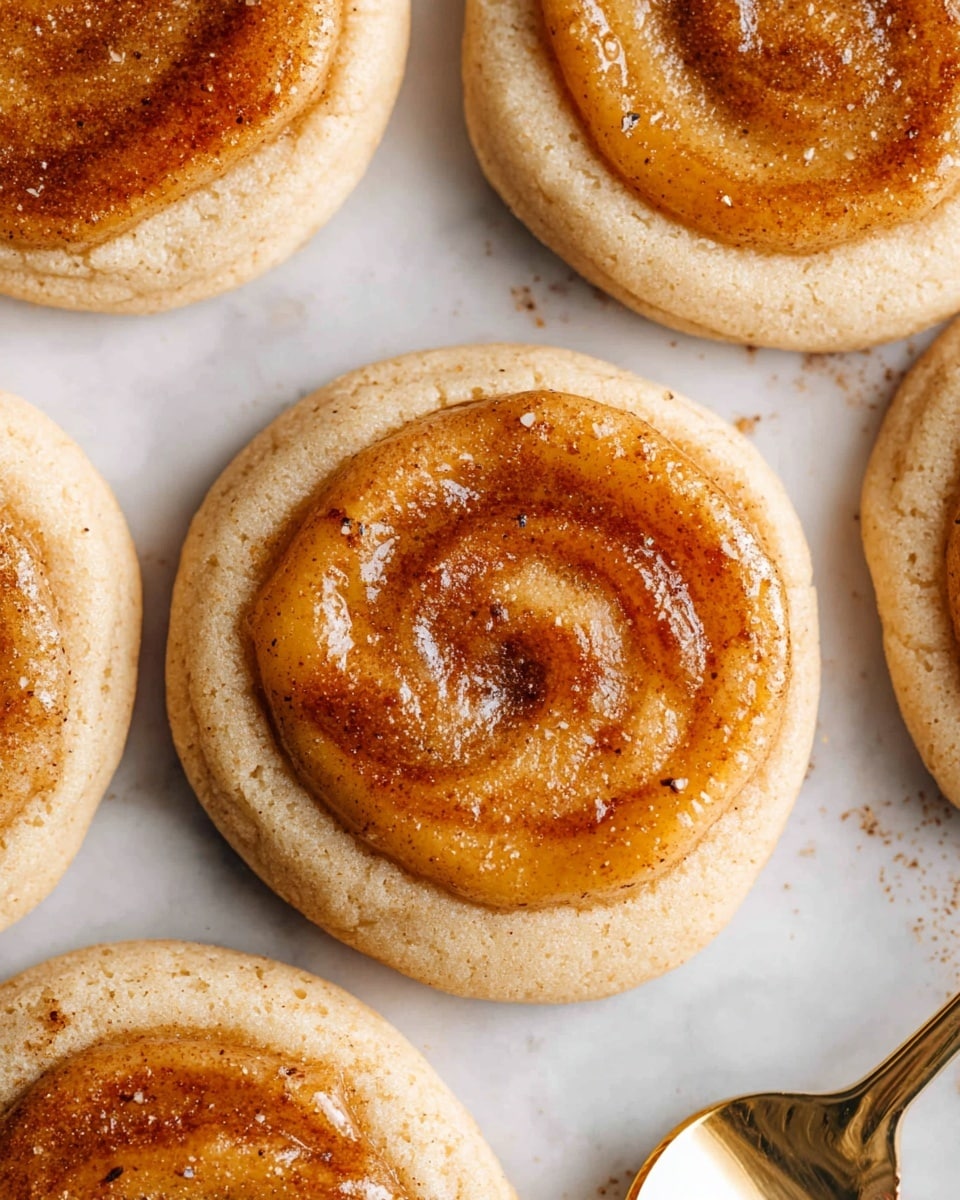 The image shows several round cookies arranged on a white marbled surface. Each cookie has two layers: a bottom layer of light beige cookie dough with a slightly rough texture, and a top layer of glossy golden-brown cinnamon swirl filling that is thick and shiny with visible swirls and specks of cinnamon. The cookies are close to each other, and a shiny golden spoon lies near the bottom right cookie, reflecting light. The scene is bright and clear, highlighting the smooth, glistening top layer of the cinnamon filling photo taken with an iphone --ar 4:5 --v 7