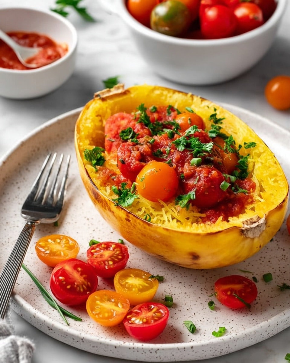 A white speckled oval plate holds a halved spaghetti squash filled with bright yellow flesh, which is soft and slightly textured, creating the first layer inside the squash shell. On top, there are halved cherry tomatoes in red and orange shades, adding a juicy, smooth layer scattered inside the squash. A chunky red tomato sauce is drizzled over the tomatoes, with visible herbs and spices mixed in. Fresh green parsley leaves and chopped chives are sprinkled on top as garnish, adding bright green color and texture. Around the plate, several halved cherry tomatoes rest on a white marbled surface, and there is a gray-handled fork to the left of the plate. In the background, a white bowl holds more cherry tomatoes and another white bowl contains a red sauce with a spoon inside. Photo taken with an iphone --ar 4:5 --v 7