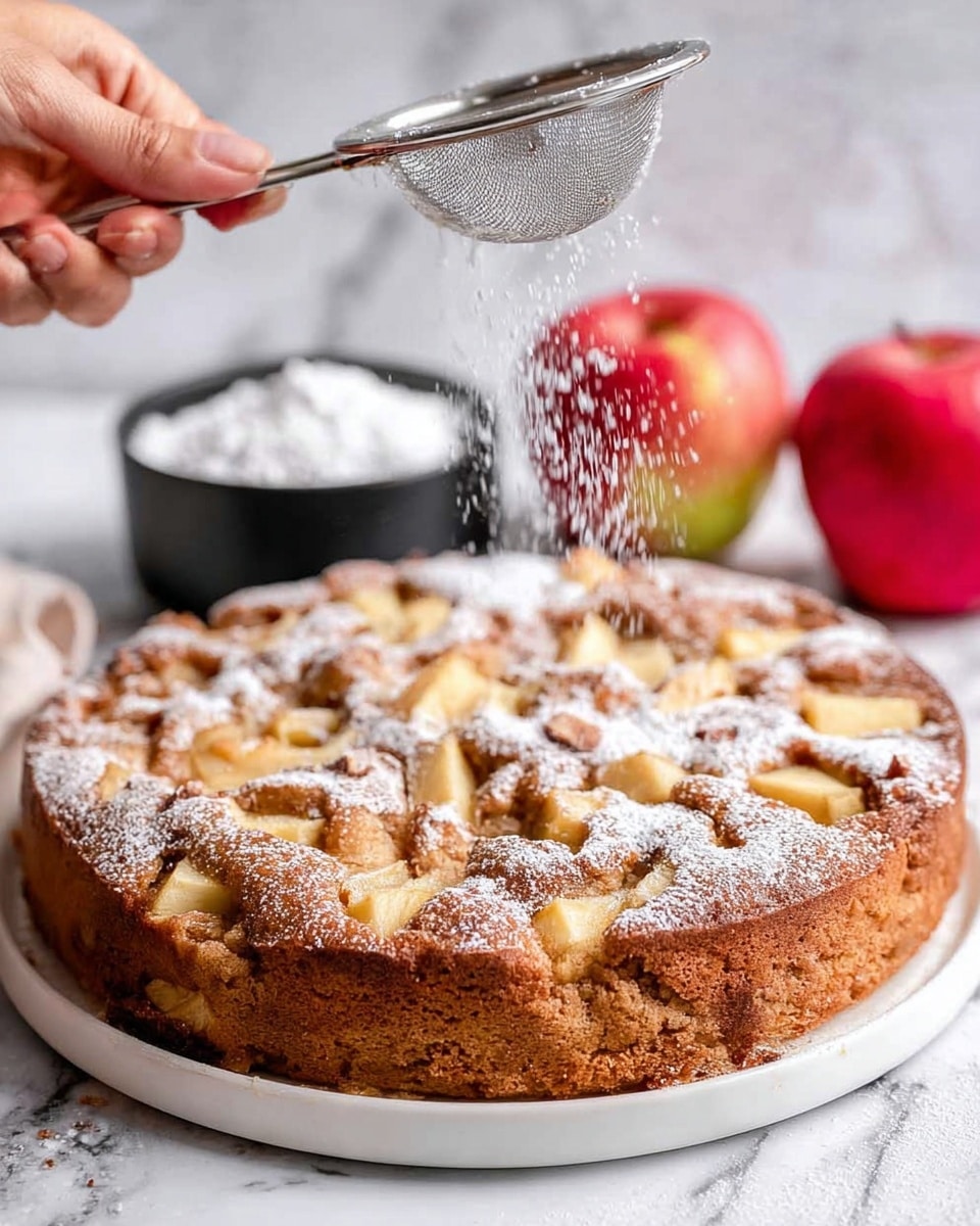 A round, golden brown apple cake with uneven chunks of light yellow apple embedded in the top layer sits on a white plate. A woman's hand holds a small metal sieve with powdered sugar, sprinkling a fine white dust over the cake, creating a delicate dusting on the surface. In the background, two red apples and a black bowl with more powdered sugar are visible on a white marbled surface. The cake's texture looks soft and slightly cracked, showing a homemade feel. photo taken with an iphone --ar 4:5 --v 7