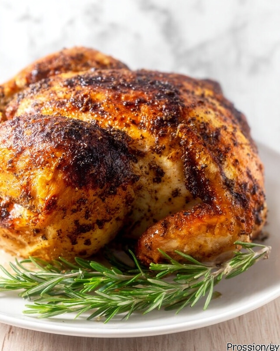 The image shows a white plate on a white marbled surface holding two main parts. On the left, there are five slices of juicy roasted chicken with a shiny, golden brown skin and visible herbs on top, arranged slightly overlapping from left to right. On the right side, there is a dome-shaped mound of seasoned rice, colored deep orange-brown with grains tightly packed, giving a textured look. In the background, a second white plate with more chicken and garnishing rosemary is partly visible but out of focus. Photo taken with an iphone --ar 4:5 --v 7