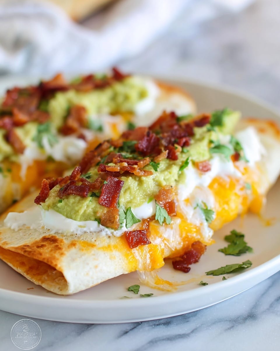 A close-up view of a quesadilla folded in half on a white plate shows a base layer of lightly browned, soft tortilla with melted white and orange cheese oozing from inside along the edges. On top of the folded quesadilla is a layer of white sour cream spread evenly, followed by a small amount of crispy reddish-brown bacon bits, then a generous line of pale green mashed avocado placed above. Bright green cilantro leaves are scattered on the avocado and near the sour cream layer, adding a fresh color contrast. The plate sits on a white marbled surface with a blurred background. Photo taken with an iphone --ar 4:5 --v 7