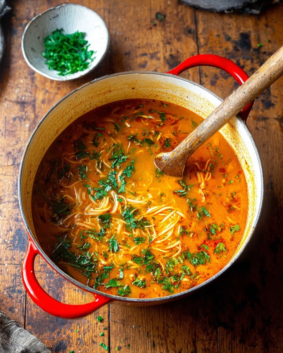 A large white pot with red handles sits on a wooden surface, filled with orange soup that has thin noodles mixed in, topped with scattered green herbs. A wooden spoon rests inside the pot, partially submerged in the soup, with its handle leaning out towards the viewer. In the background, there is a small white dish containing more chopped green herbs. The setting has a warm, rustic feel. photo taken with an iphone --ar 4:5 --v 7