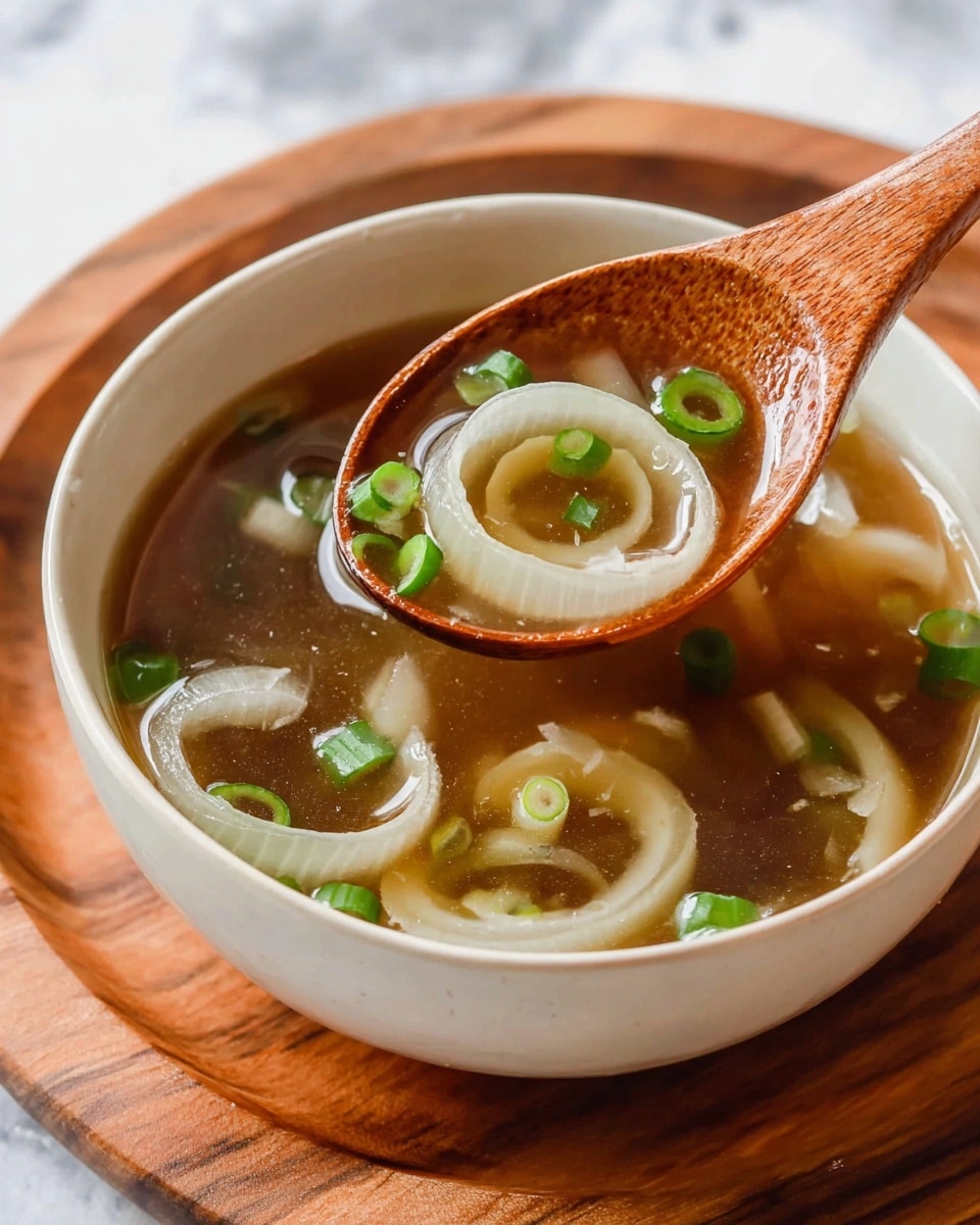 The image shows a close-up of a bowl of Japanese onion soup in a white bowl with blue patterns inside. The soup has a clear brown broth with visible small bubbles. There are several thin, round mushroom slices floating on the surface. On top of the mushroom slices and broth, bright green chopped spring onions are scattered evenly. The bowl sits on a white marbled surface. The text