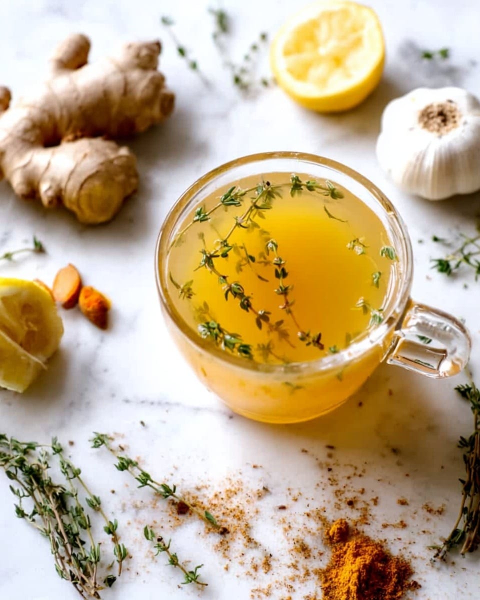 A clear glass cup filled with a warm golden yellow liquid, garnished with fresh green thyme sprigs floating on top, placed in the center on a white marbled surface. Around the cup, there are pieces of fresh ginger with rough brown skin and light yellow inside, a whole garlic bulb with papery white skin, a lemon half showing its bright yellow flesh, small pieces of turmeric root with an orange interior, multiple green thyme sprigs scattered, and some ground dark brown spices spread loosely on the surface. The scene has a clean, bright look with natural light highlighting the textures and colors. Photo taken with an iphone --ar 4:5 --v 7