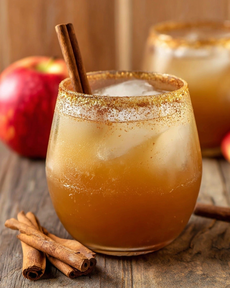 A close-up of two round clear glasses filled with a light brown iced drink. Each glass has a thick layer of coarse brown sugar or cinnamon sugar around the rim. Inside the drink, there are medium-sized ice cubes and two thin slices of red and cream apple placed vertically near the edge. Each glass is garnished with two brown cinnamon sticks standing up in the drink. The glasses are placed on a wooden surface with a couple of whole red apples and extra cinnamon sticks around them. The scene is warm and cozy with a natural light shining on the drinks. photo taken with an iphone --ar 4:5 --v 7