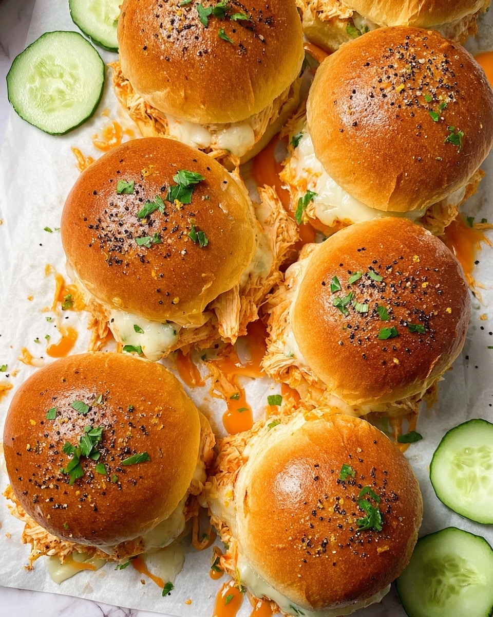 A close-up view of seven small round sandwiches arranged together, each sandwich has a golden brown top bun sprinkled with herbs. The inside layers show shredded orange-colored chicken mixed with melted white cheese, slightly oozing out from the sides. Small green parsley leaves are scattered on the sandwiches and the white marbled surface underneath. To the top left corner, there are three thick green cucumber slices placed next to the sandwiches. The texture of the sandwiches looks soft and slightly toasted, with a savory and fresh appearance. photo taken with an iphone --ar 4:5 --v 7