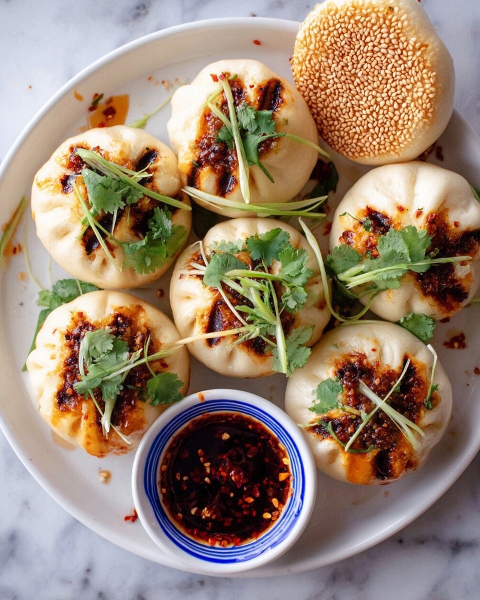 A white plate with eight round steamed buns topped with dark brown grill marks and sprinkled with green cilantro leaves and thin green onion curls, some buns have a light sauce with red chili flakes drizzled over them; two buns have a golden brown toasted bottom covered in sesame seeds, placed at opposite sides of the plate, and a small white bowl with a blue rim filled with dark red chili sauce sits at the bottom of the plate on a white marbled surface, photo taken with an iphone --ar 4:5 --v 7