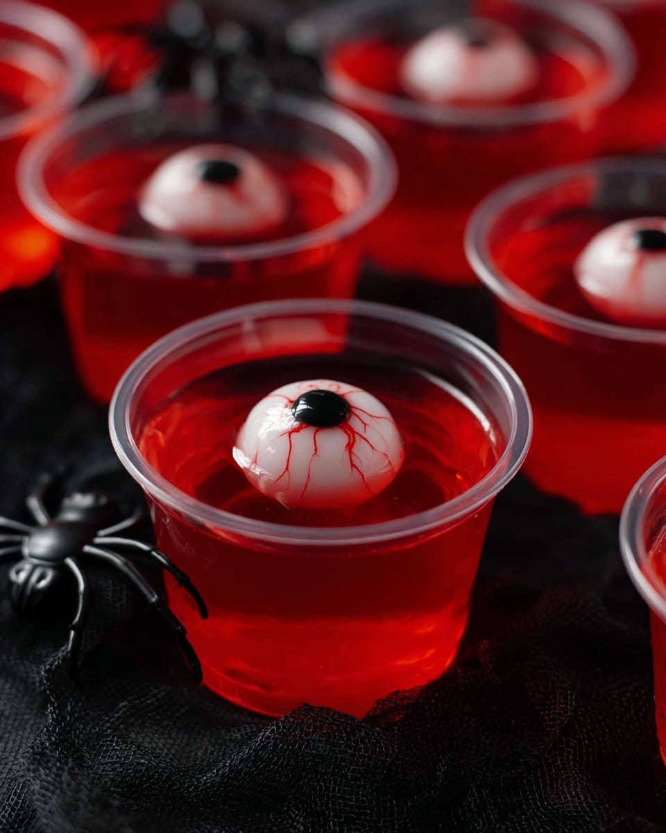 The image shows multiple clear cups filled with bright red jelly, each containing a white eyeball candy with a green iris and red veins placed in the center on the top layer. Some cups have small black plastic spiders resting on or next to them. The cups are arranged on a black textured cloth covering a white marbled surface, and a smooth matte black pumpkin with a brown stem is placed on the right side. The colors are bold with the shiny red jelly contrasting against the dark cloth and pumpkin. photo taken with an iphone --ar 4:5 --v 7