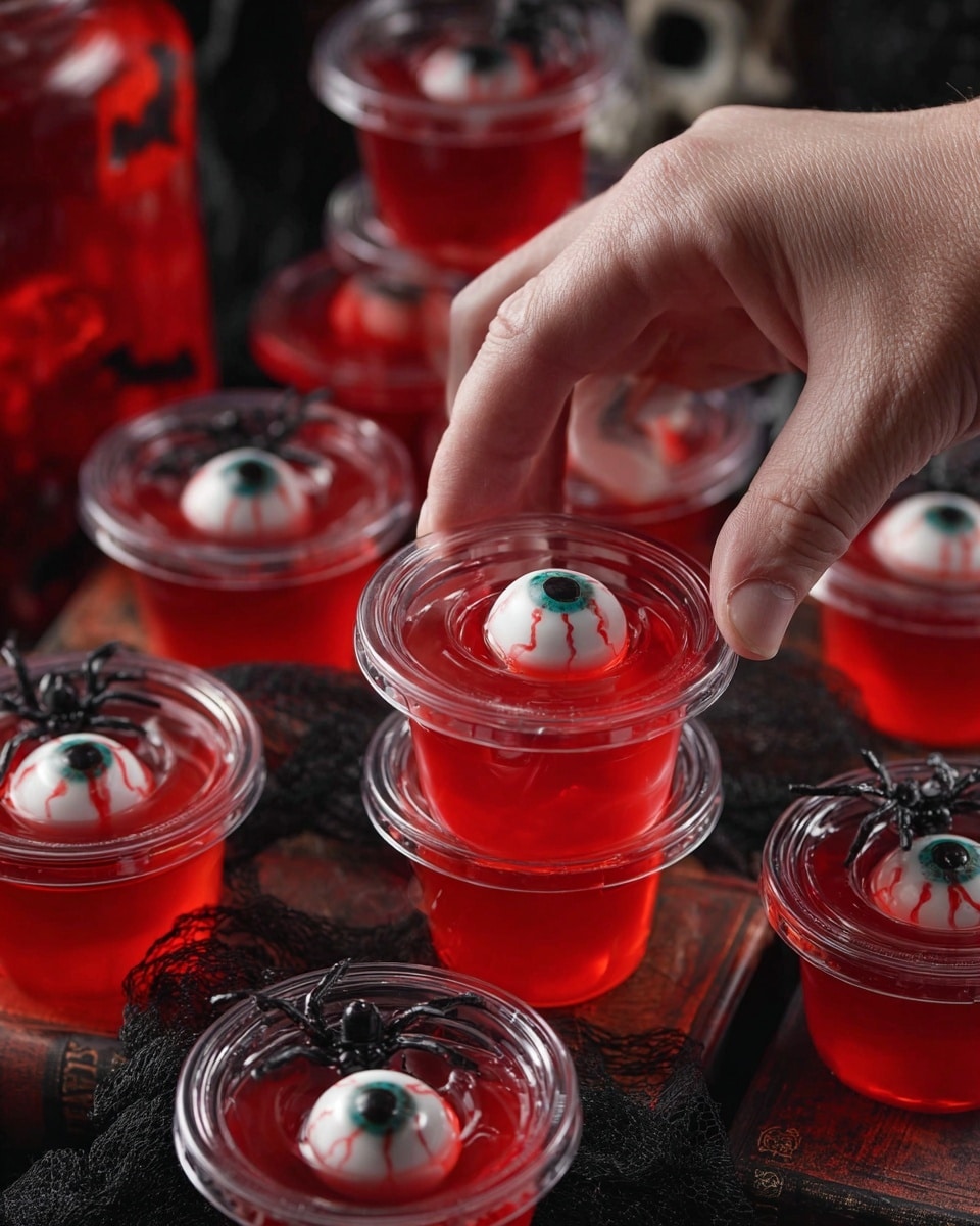 Several clear plastic cups filled with bright red jelly are arranged on a dark surface with black fabric and old books as decoration. Each cup contains a white eyeball-shaped candy with a green iris and red blood vessels floating in the center of the jelly. A woman's hand is lifting one cup, showing the eyeball inside clearly. Some cups have clear plastic lids, and a few have black plastic spiders on top for a spooky effect. The background contains dark elements and a red jar, creating a Halloween theme. photo taken with an iphone --ar 4:5 --v 7