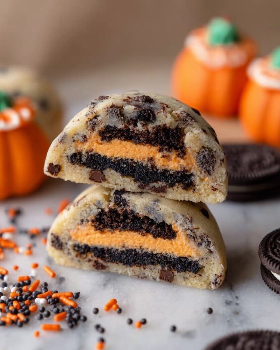 A close-up of a round cookie with a light dough base mixed with dark bits and topped with large shiny dark chocolate chips, some slightly melted. The cookie is placed on a smooth white marbled surface. In the background are two dark sandwich cookies with orange cream filling, one bitten to show the filling. Small orange and black sprinkles are scattered around the cookie. A small plastic black spider is placed near the cookie’s bottom right side, adding a playful touch. Photo taken with an iphone --ar 4:5 --v 7