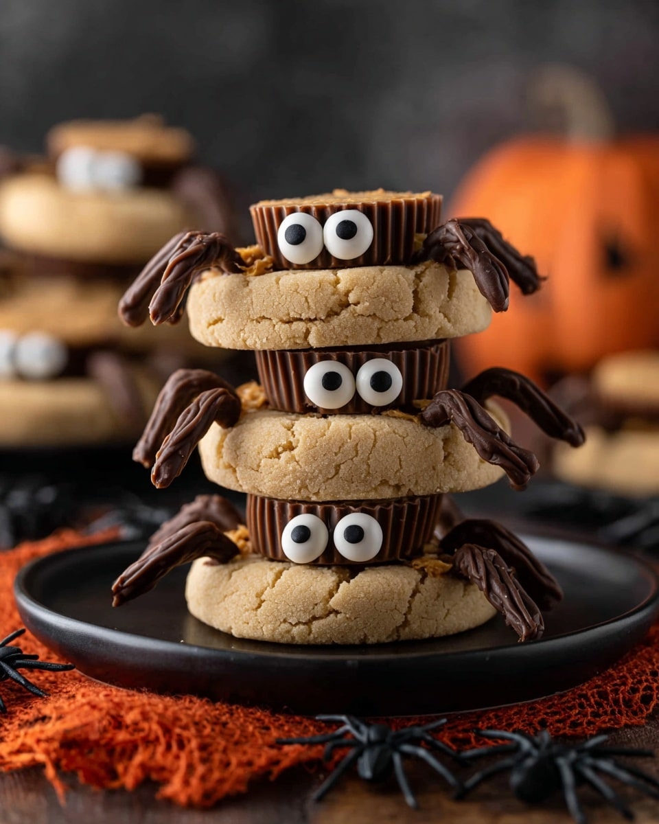 The image shows round cookies with a light brown, crumbly texture as the base, arranged in two layers on a black wire cooling rack. Each cookie has a small, brown chocolate candy placed in the center on top, representing the spider’s body. Two large, white candy eyes with black pupils are positioned right in front of the chocolate candy on each cookie. Around the chocolate candy, thin lines of dark chocolate are piped outward, creating eight spider legs evenly spaced on the cookie surface. The entire setup rests on a dark, worn surface with small, black plastic spider decorations scattered around, and an out-of-focus bunch of more spider cookies are visible in the background. photo taken with an iphone --ar 4:5 --v 7