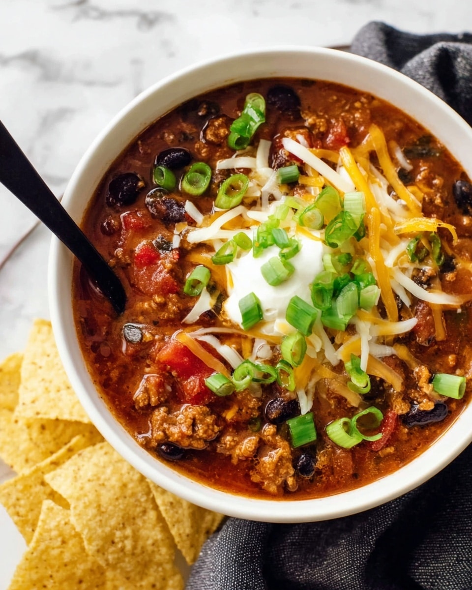 A white cup full of thick chili soup that has visible black beans and small red and brown bits, topped with a large dollop of white sour cream, yellow shredded cheese, and chopped green onions. A black spoon is placed inside the cup on the left side, resting against the edge. The cup is on a white marbled surface with some white tortilla chips scattered around and a dark gray cloth under part of the cup. photo taken with an iphone --ar 4:5 --v 7