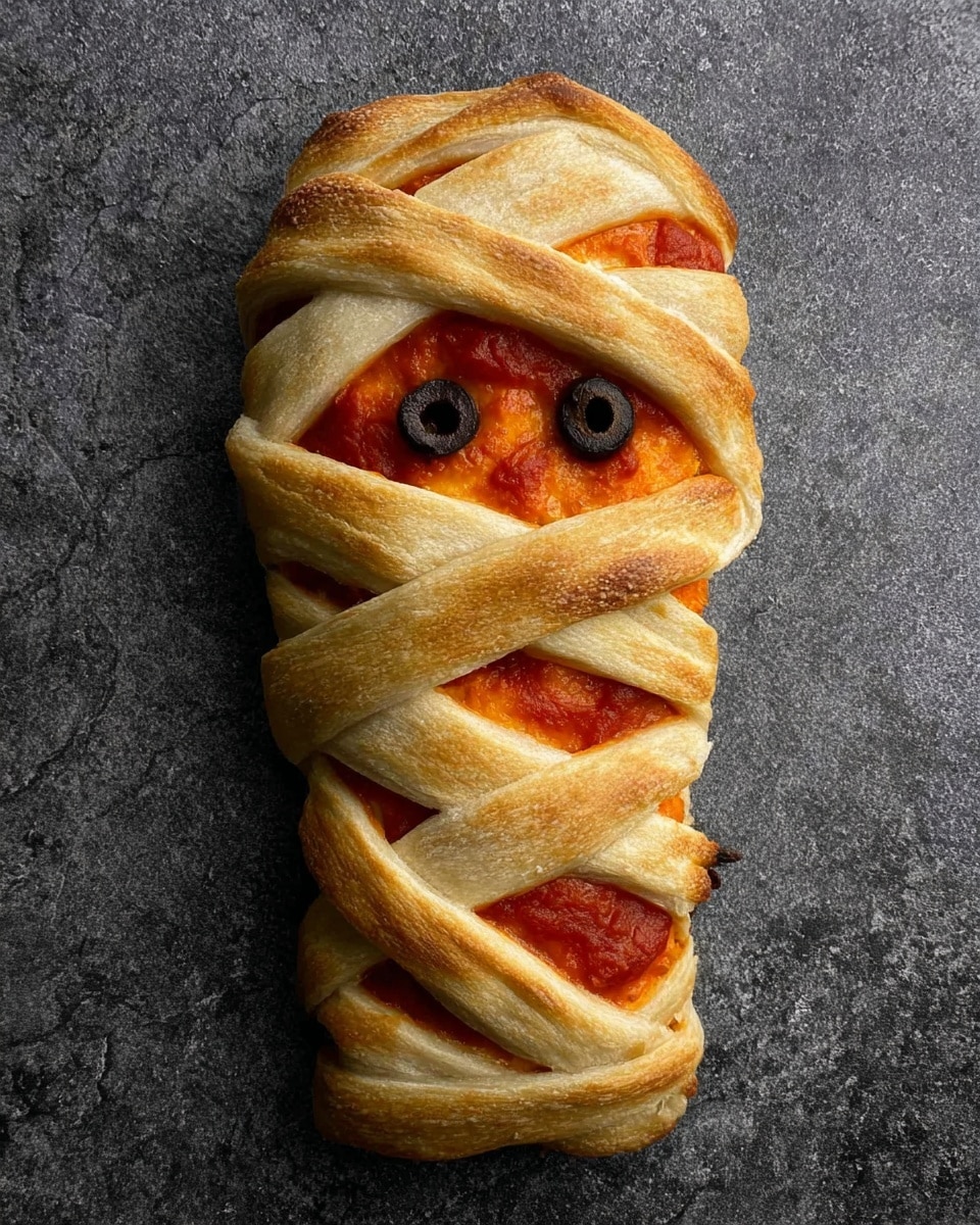 A golden brown baked pastry shaped like a mummy with thin dough strips laid diagonally across the top, showing a bright red sauce from the filling underneath. Two black olive slices appear like eyes near one end of the pastry. The pastry has a soft, fluffy texture with slightly browned edges. It lies on a dark gray surface with a pearl necklace and silver rings nearby. photo taken with an iphone --ar 4:5 --v 7
