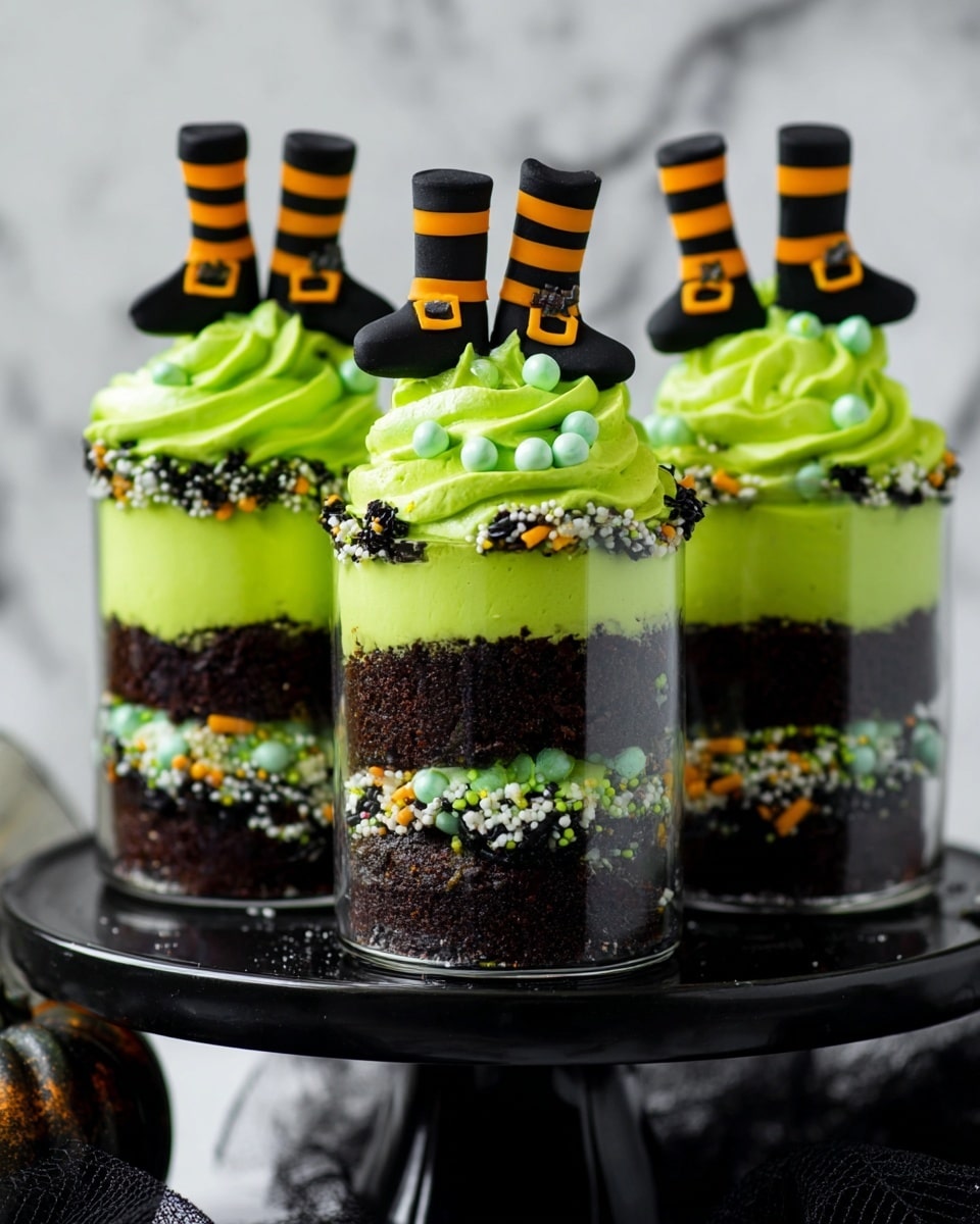 The image shows three small dessert cups on a black cake stand placed on a white marbled surface. Each dessert cup has four layers: the bottom and third layers are dark brown with a crumbly texture, while the second and top layers are bright green creamy frosting. There are small round and stick-shaped green, white, and yellow sprinkles mixed into the middle frosting layer. On top of each cup, thick swirls of the same bright green frosting are decorated with shiny green pearl sprinkles. Sticking out of each dessert is a small black witch shoe with an orange and black striped leg, adding a fun Halloween theme to the treat. Photo taken with an iphone --ar 4:5 --v 7