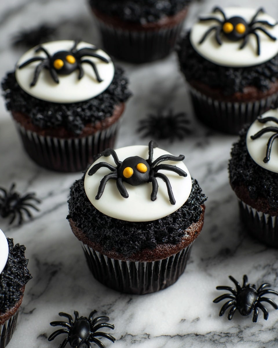 The image shows black cupcakes with three distinct layers: the bottom layer is a dark chocolate cupcake, the middle layer is black textured frosting swirled on top, and the top layer is a white fondant disc with a black spider design featuring bright yellow eyes, placed flat in the center. The cupcakes are displayed on a white marbled surface with small black plastic spiders scattered around. Photo taken with an iphone --ar 4:5 --v 7