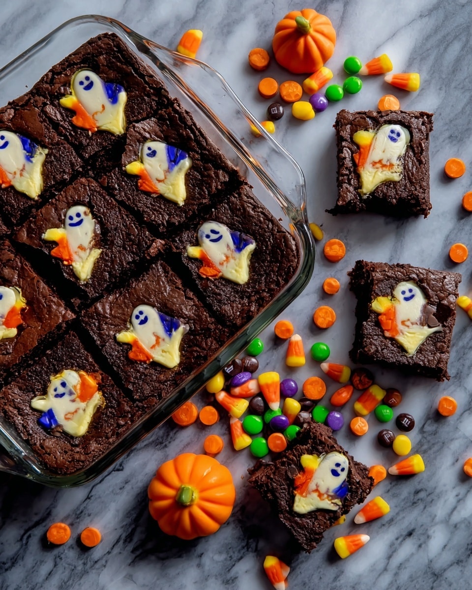 The image shows a dark chocolate brownie square with a layer inside featuring a colorful ghost design in white, blue, orange, and purple. The brownie has a rough textured top layer with slight cracks. Around the brownie, there are scattered Halloween candies including orange-yellow-white candy corn, small round green and purple candies, and orange pumpkin-shaped candies with green tops. The items rest on a dark surface that contrasts with the bright candy colors. photo taken with an iphone --ar 4:5 --v 7