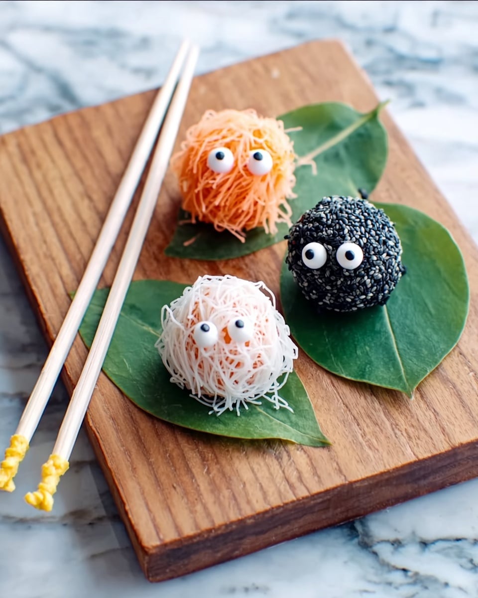Three small round balls are placed on three green leaves on a wooden board. The ball on the left is covered with thin, bright orange strands and has two white candy eyes on top. The ball in the middle is white with thin strands, also with two white candy eyes giving it a curious look. The ball on the right is coated with black sesame seeds and has two white candy eyes on top. Two wooden chopsticks with light yellow decoration rest diagonally on the left side of the wooden board. The whole arrangement sits on a white marbled surface. photo taken with an iphone --ar 4:5 --v 7