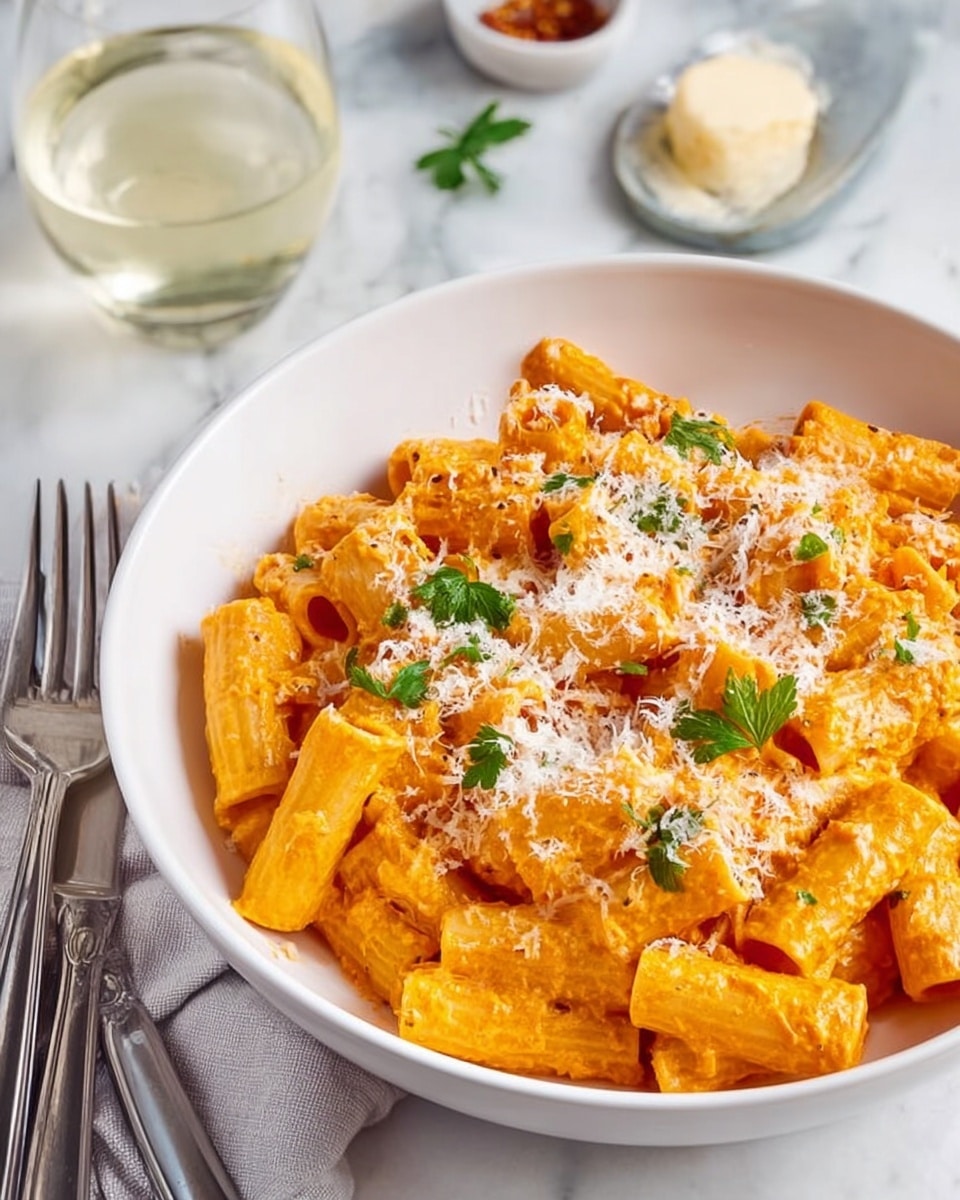 A white bowl filled with rigatoni pasta coated in a thick orange creamy sauce, topped with finely grated white cheese and sprinkled with chopped fresh green herbs and a light dusting of black pepper. The bowl is placed on a white marbled surface, next to vintage metal forks. The pasta has a shiny and smooth texture, with the bright sauce covering each piece. Photo taken with an iphone --ar 4:5 --v 7