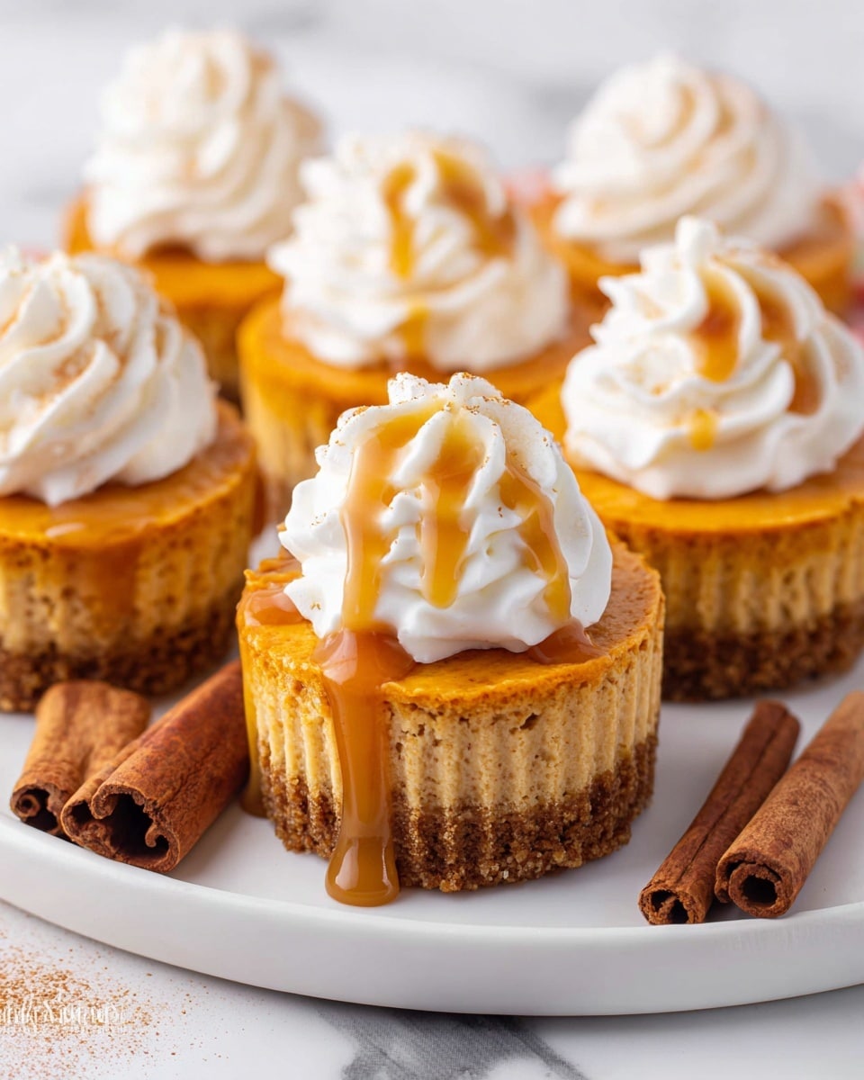 The image shows several mini pumpkin cheesecakes placed on a white plate with a white marbled surface underneath. Each cheesecake has two layers: a bottom brown crumbly crust and a thicker orange pumpkin-flavored top layer with a smooth texture. On top of every cheesecake is a swirl of white whipped cream, soft and fluffy, with one cheesecake in front drizzled with light brown caramel sauce that slowly drips down its sides. Near the plate, three cinnamon sticks lie on the white marbled surface, adding a rustic touch. The photo taken with an iphone --ar 4:5 --v 7