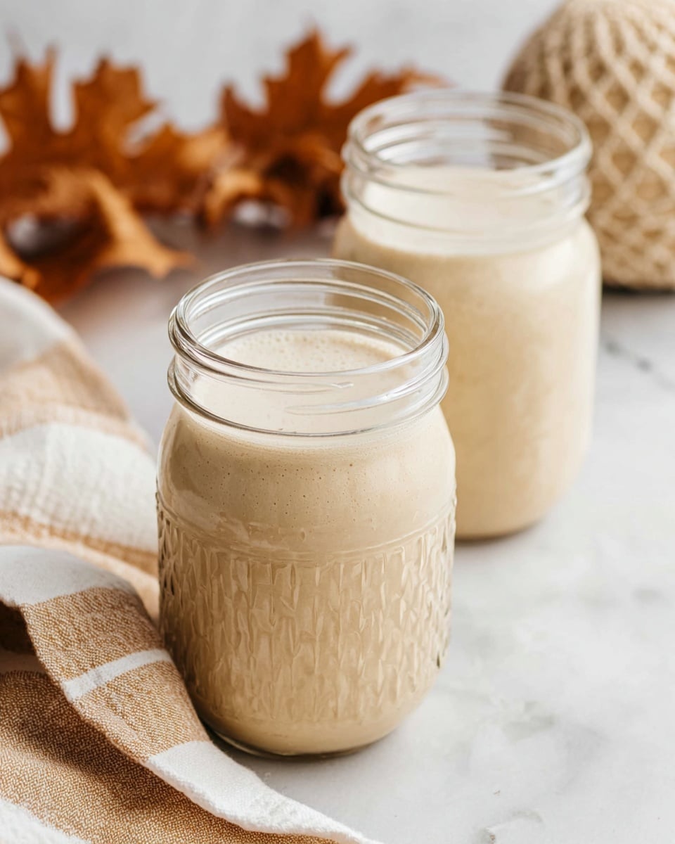 Two clear glass jars filled with a light beige creamy drink, both sitting on a white marbled surface. The jars have a textured pattern around their upper mid-section. In the background to the left are some dried brown leaves and a beige textured ball, and in the foreground to the left is a beige and white striped cloth. The focus is sharper on the jar in the front, while the jar in the back is slightly blurred. Photo taken with an iphone --ar 4:5 --v 7