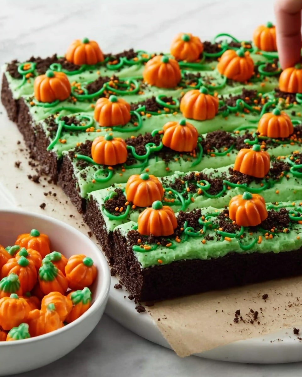 A rectangular cake with a smooth light green frosting covering the top, decorated with rows of small orange pumpkin-shaped frosting pieces spaced evenly on dark brown crumb trails running vertically. Between the pumpkin rows, there are green frosting vines being piped by a woman's hand from a green bag. The cake is placed on a wooden surface next to a small clear bowl filled with orange, green, and white sprinkles. The background is a white marbled texture. Photo taken with an iphone --ar 4:5 --v 7