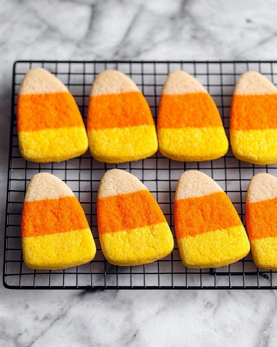 The image shows multiple pieces of candy corn-shaped cookies placed on different plates and a cooling rack. Each cookie has three horizontal layers: the top layer is a light beige color with a soft texture, the middle layer is orange with a smooth surface, and the bottom layer is bright yellow with a slightly grainy look. The cookies are arranged on white plates and a dark plate, all placed on a white marbled surface. Two glasses of milk are partially visible near the edges. The overall layout is casual with the cookies overlapping slightly on some plates, and the cooling rack shows cookies cooling with the same three-colored pattern photo taken with an iphone --ar 4:5 --v 7