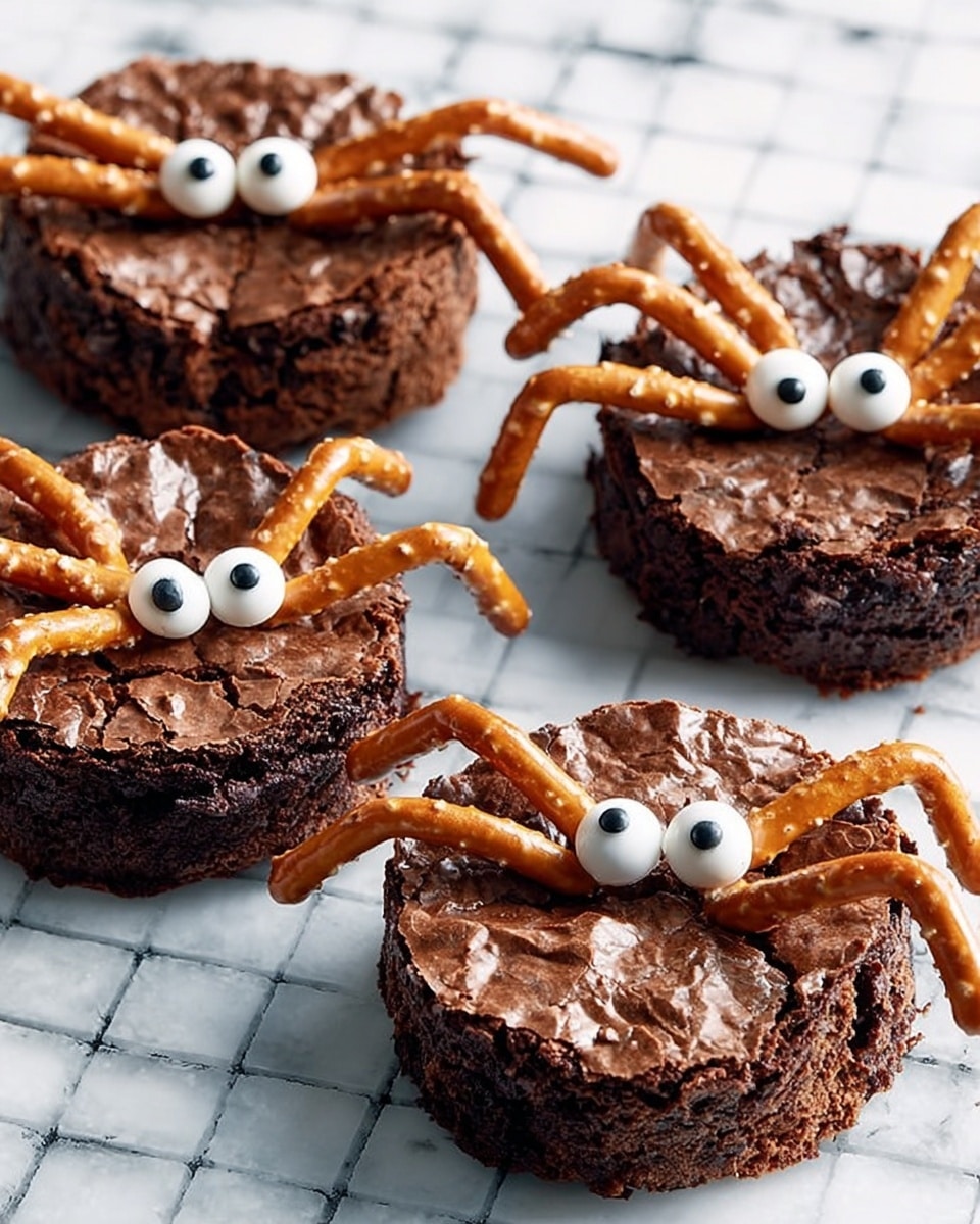The image shows four round chocolate brownies on a white marbled surface with a grid pattern. Each brownie has eight pretzel sticks stuck around its sides, resembling spider legs, with a cracked, shiny, dark brown top layer. On the top of each brownie, there are two round candy eyes placed close together, giving them a playful spider look. The brownies are thick and have a rough texture on their sides. photo taken with an iphone --ar 4:5 --v 7