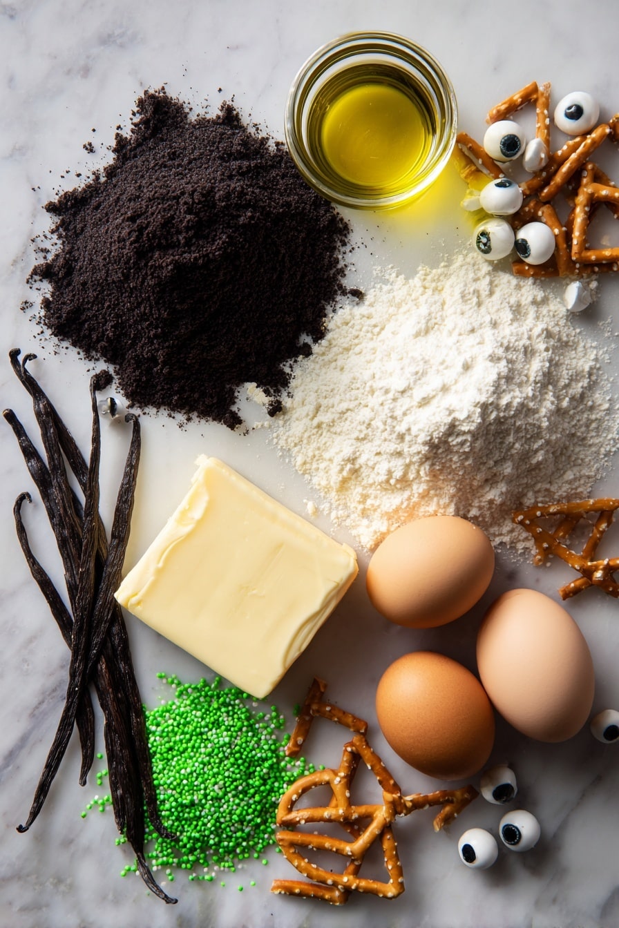 Flat lay of rich, dark Devil’s Food cake mix powder in a small mound, two large brown eggs with smooth shells, a small glass jar of golden canola oil catching light, soft pale yellow unsalted butter block, fluffy white powdered sugar softly spilled beside it, fresh vanilla bean pods with glossy black seeds visible, vibrant green sprinkles glistening next to round candy eyeballs with white and black details, crunchy golden pretzel sticks broken in half, all neatly arranged with contrasting colors and textures, placed on white marbled surface, photo taken with an iphone --ar 2:3 --v 7 - Cauldron Cookie Cups, Halloween Dessert Ideas, Fun Halloween Treats, Festive Cookie Cups, Easy Halloween Party Desserts