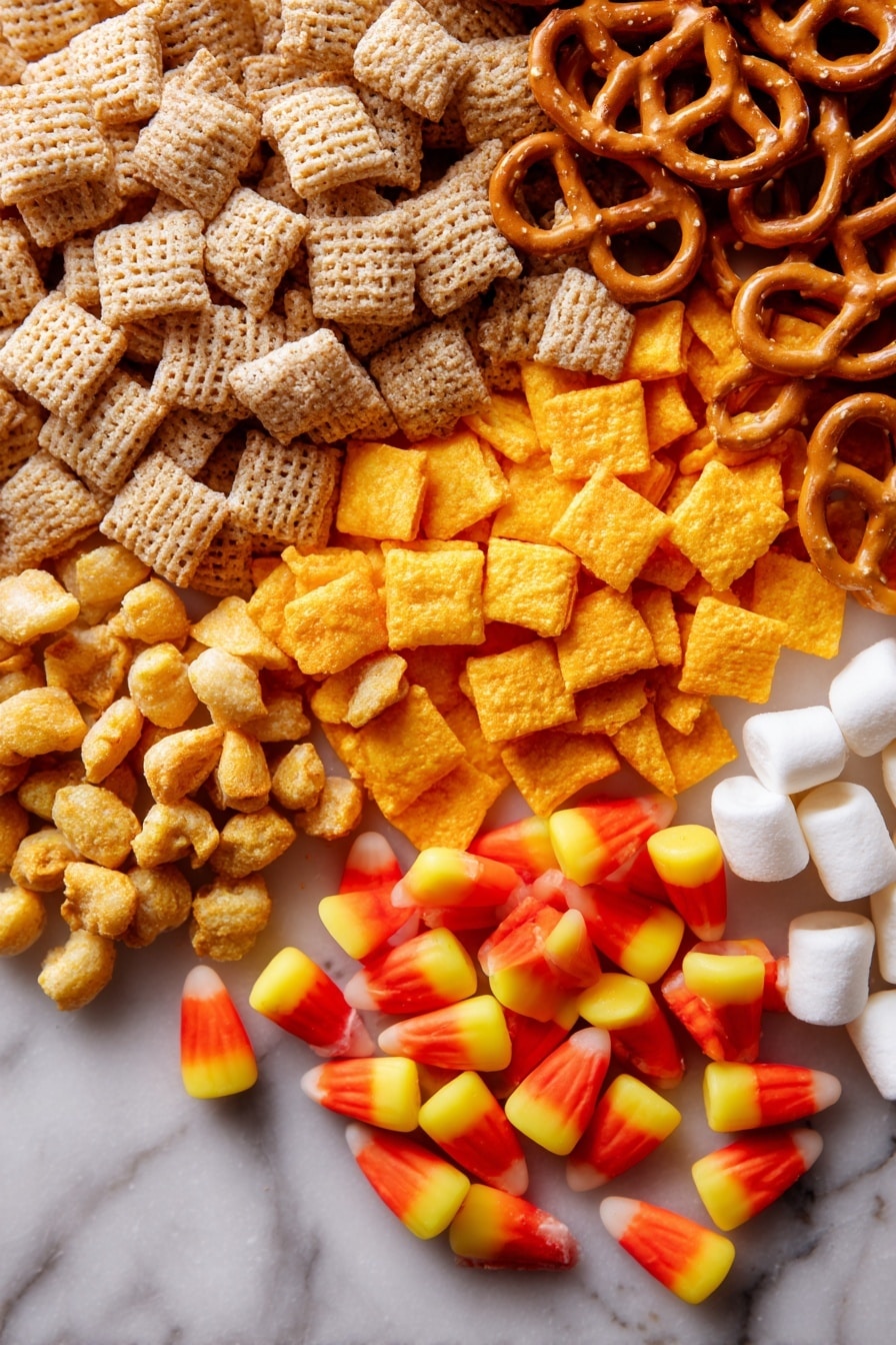 Flat lay of golden peanut butter corn cereal squares with a crunchy texture, light brown wheat cereal squares with a subtle sheen, tiny twisted mini pretzels in warm brown tones, bright orange cheddar cheese crackers with a slightly rough surface, glossy honey nut o’s cereal in soft golden hues, small white fluffy mini marshmallows, vibrant yellow and orange candy corn with smooth candy coating, and colorful peanut butter candy pieces in shades of red, orange, and yellow, all naturally scattered and overlapping in a casual, inviting way, placed on white marbled surface, photo taken with an iphone --ar 2:3 --v 7 - Sweet and Salty Fall Snack Mix, fall snack mix recipe, easy fall party snacks, festive fall treats, crunchy fall snack mix