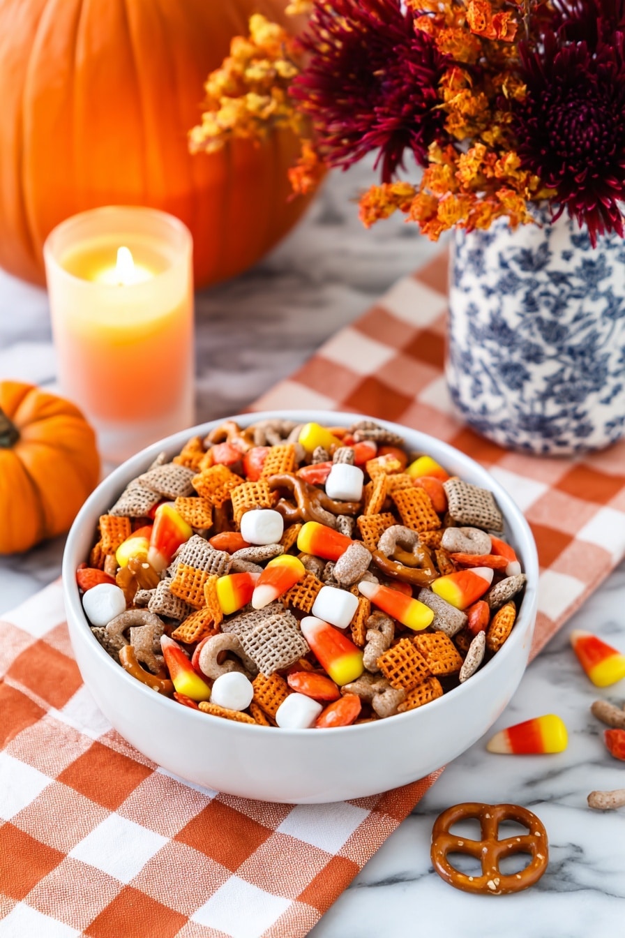 Two clear glass jars with wooden lids are filled with a mix of small snack pieces. Inside the jars, there are orange, yellow, and white candy pieces, small white soft chunks, brown pretzels, square orange crackers, and light brown cereal squares mixed with textured brown chips. One jar stands on a white marbled surface near the lower right side, while a second jar is held by a woman's hand on the left side. Behind the jars, there is a white vase with blue floral patterns holding a bouquet of colorful flowers in shades of red, orange, green, and purple. The background is softly blurred, with warm and cozy tones. photo taken with an iphone --ar 2:3 --v 7 - Sweet and Salty Fall Snack Mix, fall snack mix recipe, easy fall party snacks, festive fall treats, crunchy fall snack mix