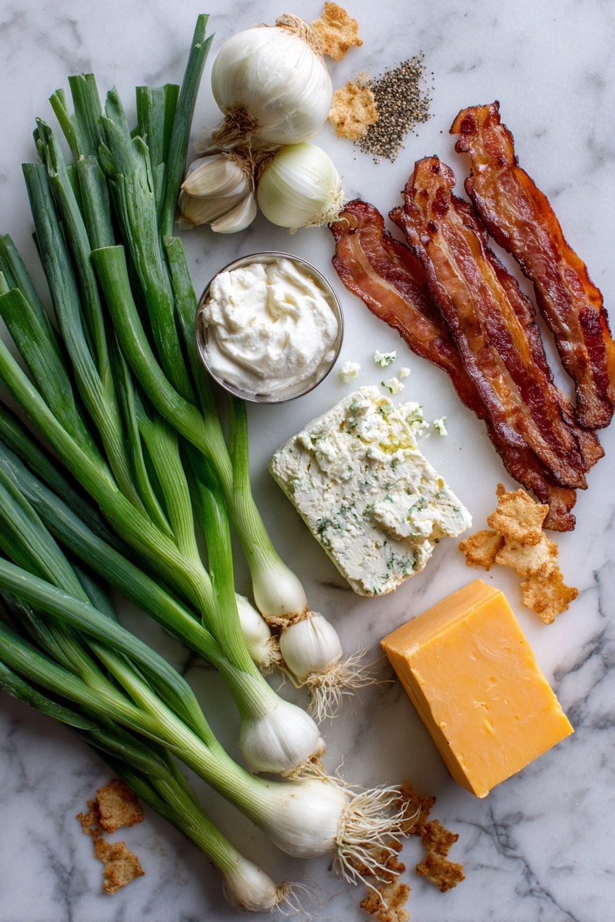 Flat lay of fresh scallions with vibrant green stalks and white bulbs, several crispy cooked bacon strips with rich reddish-brown tones, a block of sharp cheddar cheese with a bright orange color and crumbly texture, a smooth block of cream cheese with its creamy white surface, a small bowl of sour cream showing thick and glossy texture, fresh horseradish root with a rough pale skin and leafy green tops, a sprinkle of Everything But the Bagel seasoning featuring black poppy seeds, white sesame seeds, dried onion flakes, and garlic pieces scattered artfully, and a few golden-brown bagel chips with a crispy texture, all beautifully arranged in a natural, slightly overlapping composition placed on white marbled surface, photo taken with an iphone --ar 2:3 --v 7 - Everything Bagel Cheeseball, savory cheeseball appetizer, easiest cheese ball recipe, party snack ideas, creamy bagel cheese ball