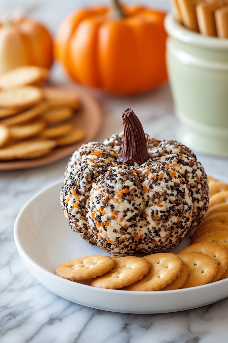 A small round ball covered in a mix of black, white, and brown seeds and spices sits on a white plate, with more of the seed mix scattered around its base. On top of the ball is a long light brown piece shaped like a pumpkin stem, with ridges running vertically. A woman's hand is holding the stem at the top, lifting the ball slightly. The background and surface have a soft, white marbled texture. photo taken with an iphone --ar 2:3 --v 7 - Everything Bagel Cheeseball, savory cheeseball appetizer, easiest cheese ball recipe, party snack ideas, creamy bagel cheese ball
