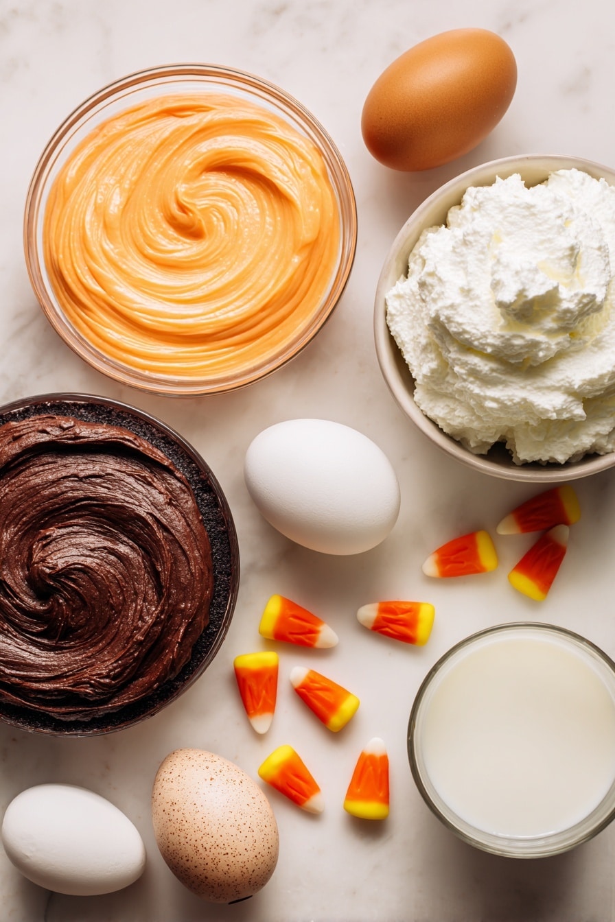 Flat lay of bright orange tinted cupcake batter swirled in small dollops, rich dark chocolate cake batter with a deep brown color and glossy texture, vibrant orange paste food coloring in a small smear, plump golden-yellow and orange candy corn pieces with smooth shiny surfaces, fluffy white frozen whipped topping with soft peaks, two large brown-speckled eggs, a smooth white carton of sour cream with creamy texture visible, and a small glass of pale 2% milk showing its cool freshness, all beautifully arranged with natural shadows and highlights, placed on white marbled surface, photo taken with an iphone --ar 2:3 --v 7 - Chocolate Candy Corn Cupcakes, candy corn cupcakes, Halloween cupcakes recipe, festive chocolate cupcakes, autumn dessert recipes