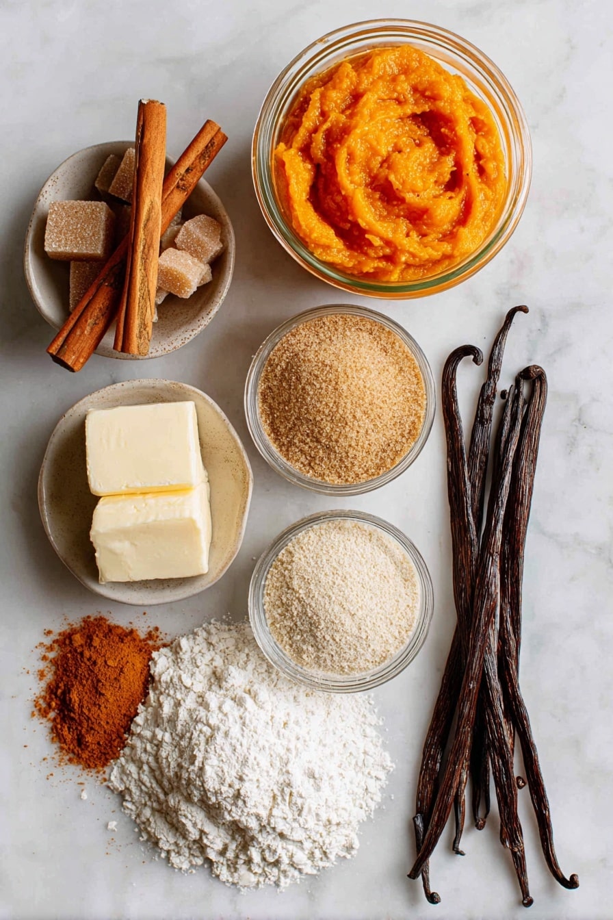 Flat lay of vibrant orange pumpkin puree in a small glass jar, soft golden vegan butter blocks with creamy texture, warm brown sugar crystals in a small pile, bright white powdered sugar dusted lightly, rich cinnamon sticks with reddish-brown tones, a scattering of pumpkin pie spice powder in soft earthy hues, pale beige all-purpose flour forming a small mound, and smooth vanilla beans with shiny dark brown pods all beautifully arranged with natural spacing and soft shadows, placed on white marbled surface, photo taken with an iphone --ar 2:3 --v 7 - Soft Pumpkin Cookies with Cinnamon Frosting, pumpkin spice cookies, fall dessert recipes, easy pumpkin cookie recipe, holiday baking treats