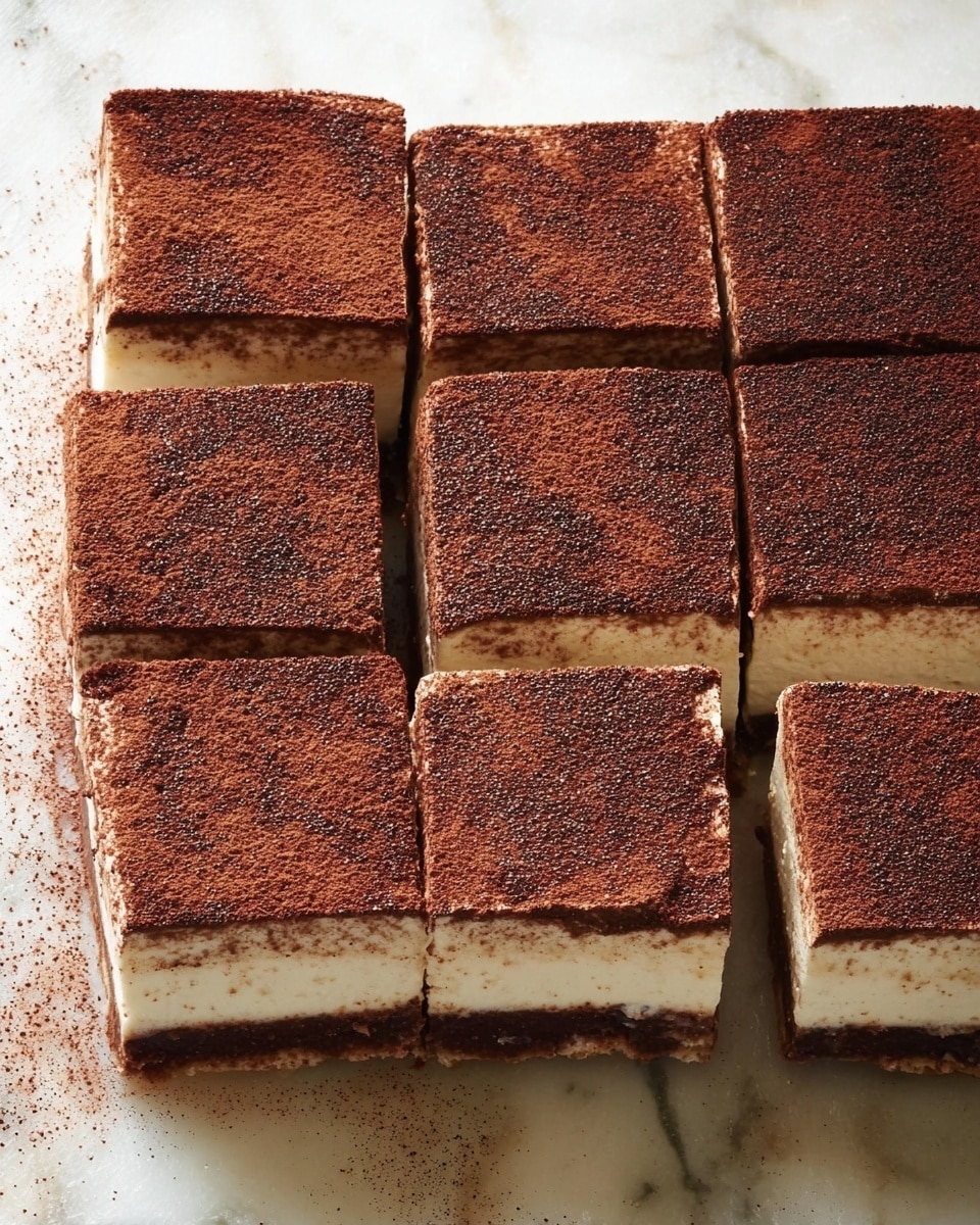 Nine square pieces of a dessert are arranged in a grid on a white marbled surface. Each piece has three visible layers: a light cream layer at the bottom, a thin dark brown middle layer, and a thick top layer covered with fine dark brown powder. The dessert edges show slight cream smudges, and one piece is partially lifted, revealing the layers more clearly. The overall appearance combines creamy white and rich chocolate browns with a slightly textured cocoa powder finish on top. Photo taken with an iphone --ar 4:5 --v 7