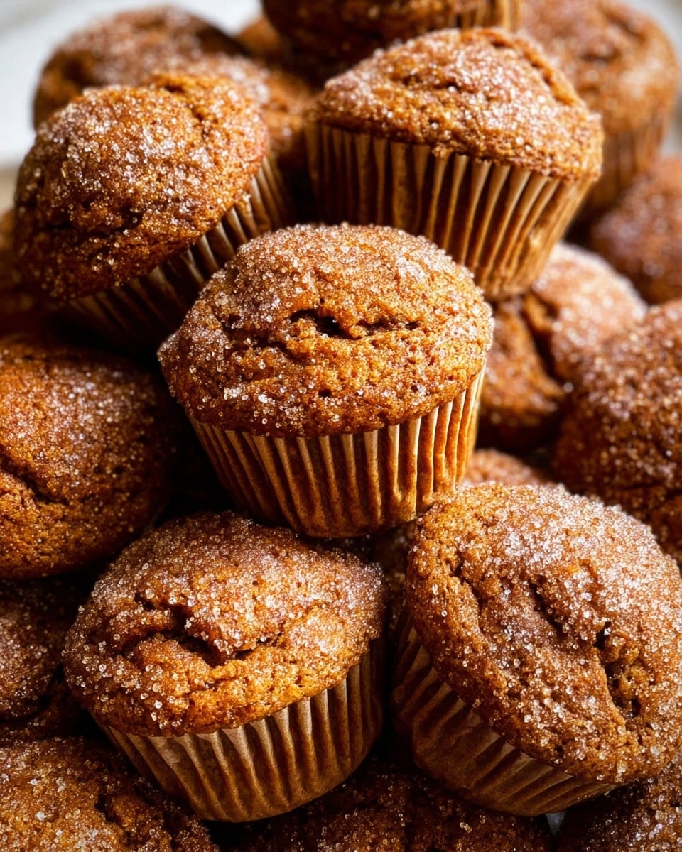 A close-up view of many brown muffins piled together, each muffin showing a rough, cracked surface topped with sparkling sugar crystals. The muffins have a warm brown color with a slightly darker hue in the cracks, and they sit in light brown paper liners that add vertical ridged texture around their base. The background is a white marbled texture. photo taken with an iphone --ar 4:5 --v 7