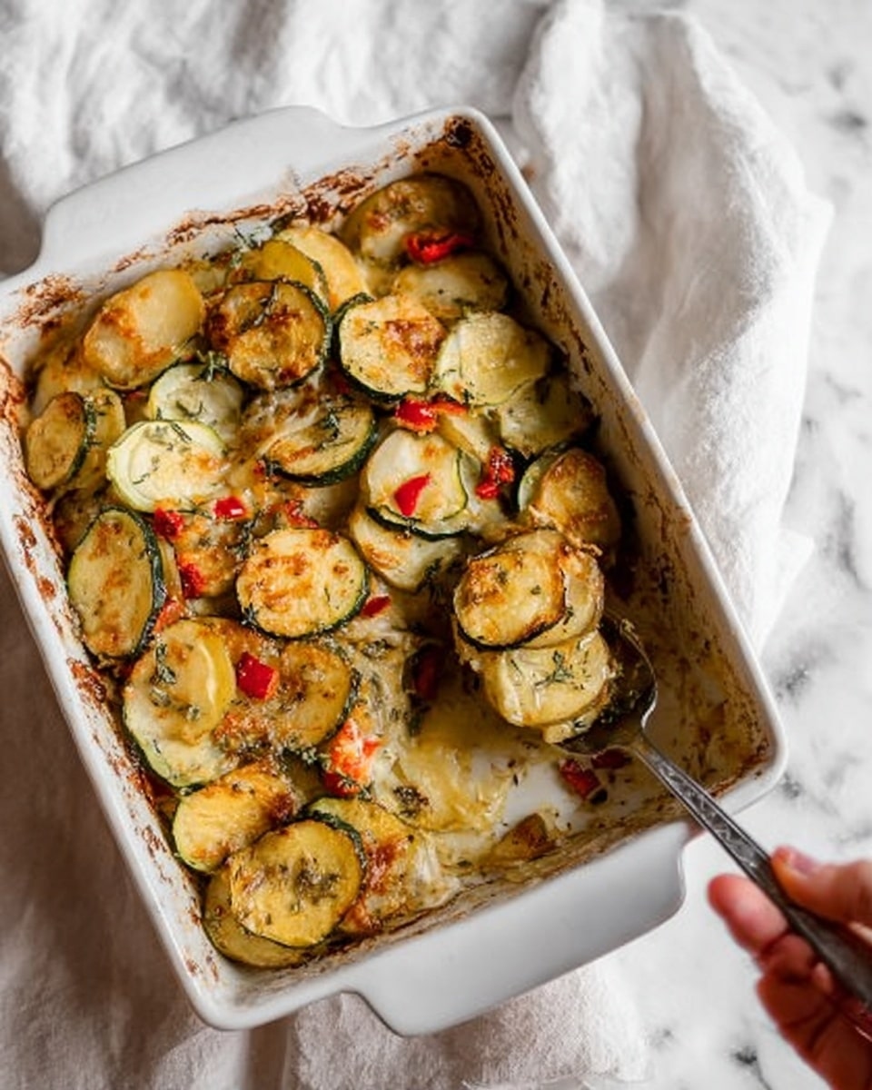 This image shows a white rectangular baking dish containing a layered vegetable bake. The dish has thin, round slices of golden-brown potatoes layered with pale green zucchini slices arranged in overlapping rows. Small bits of red pepper are scattered throughout the layers, adding spots of bright red color. The top layer looks crispy and slightly browned with some melted cheese that blends creamy white and light yellow tones. A silver spoon lifts a portion revealing the texture and layers inside. The baking dish rests on a soft, wrinkled white cloth on a white marbled surface. A woman's hand reaches in from the right, holding the spoon. Photo taken with an iphone --ar 4:5 --v 7