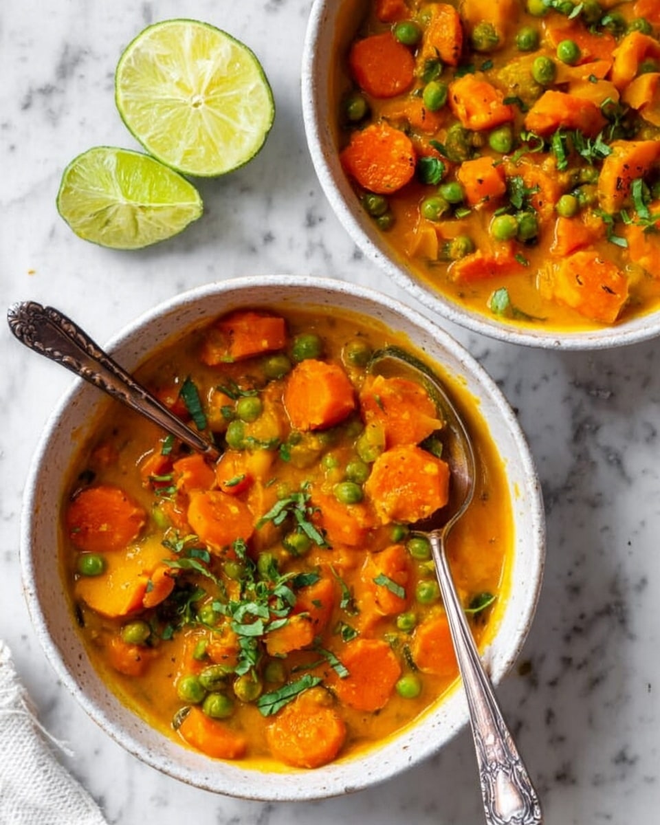 A white bowl filled with a thick curry featuring bright orange carrot slices and round light beige chickpeas mixed with green peas, all immersed in a rich yellow-orange sauce with visible herbs scattered on top. The dish looks creamy with tender chunks of vegetable or protein, garnished with small green cilantro leaves. A silver spoon rests inside the bowl, and the bowl sits on a white marbled surface with a light-colored cloth partially visible nearby. photo taken with an iphone --ar 4:5 --v 7