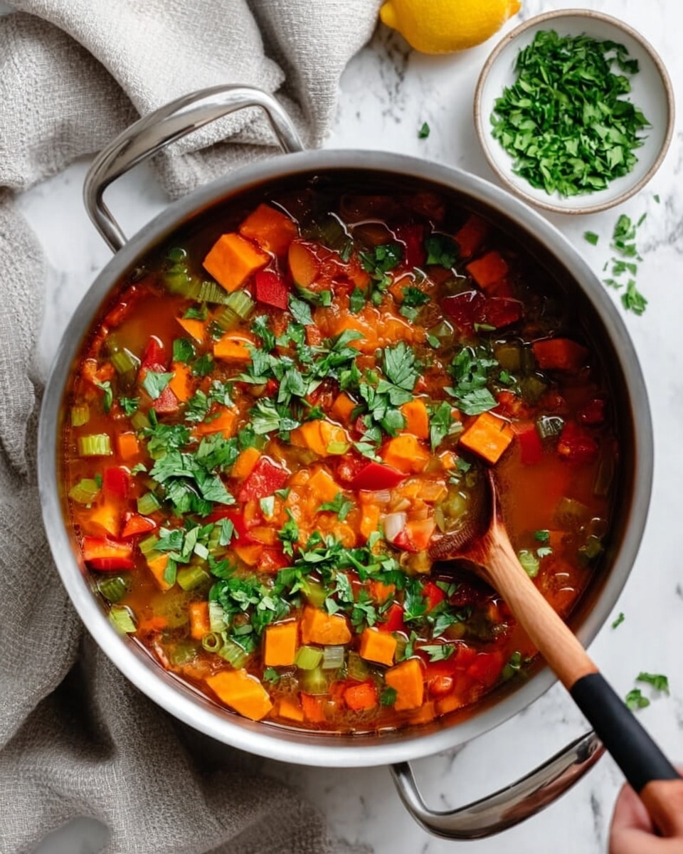A close-up view of a pot filled with a thick soup showing many layers inside a black ladle placed near the center. The ladle scoop holds orange carrot pieces, small round golden lentils, light brown onion chunks, and pale white mushrooms with a smooth texture. Surrounding the ladle, the soup has deep red broth with visible bits of diced red tomatoes, diced onion pieces, and fresh green herbs scattered on top. The background surface is a white marbled texture with part of the pot’s rim visible. Photo taken with an iphone --ar 4:5 --v 7