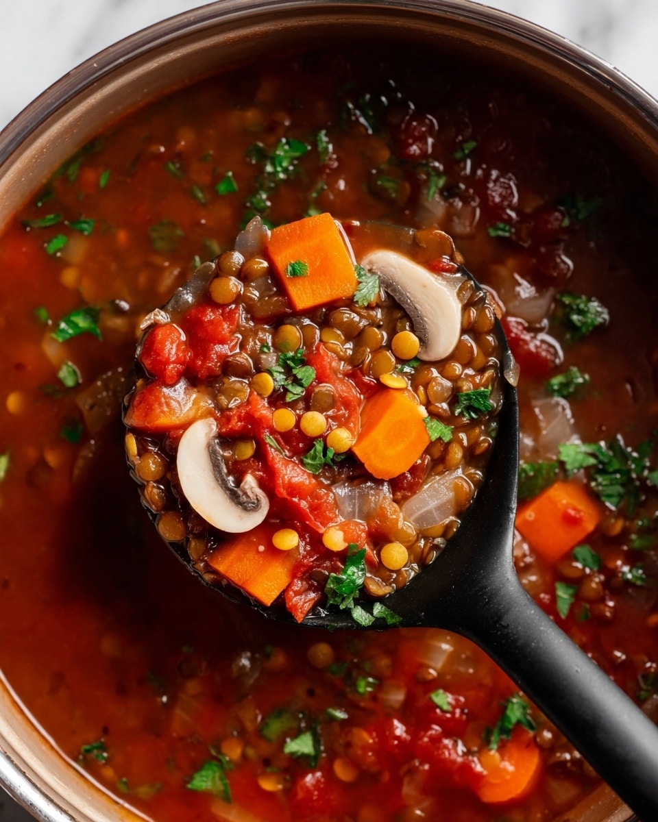 The image shows a close-up view of a pot filled with a colorful vegetable stew. The stew has large orange carrot pieces, chopped red onions, and green lentils in a clear broth. Fresh green herbs are sprinkled on top, adding a bright touch to the dish. There is a wooden spoon with a dark handle resting inside the pot. Next to the pot is a white ceramic bowl with a speckled pattern. The whole setup is placed on a white marbled surface. photo taken with an iphone --ar 4:5 --v 7