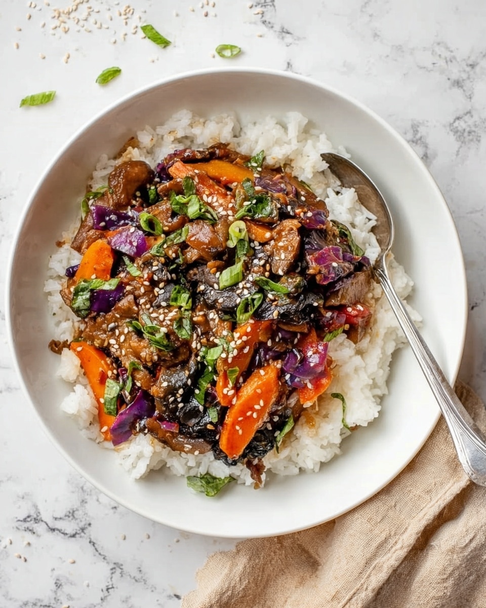 A white bowl filled with a colorful mix of diced orange sweet potatoes, purple cabbage pieces, sliced brown mushrooms, chopped green onions, and light purple onions, all mixed together. On the left side of the image, a woman's hand holds a small round white container filled with a white liquid or sauce, slightly above the bowl. The background is a white marbled surface. photo taken with an iphone --ar 4:5 --v 7