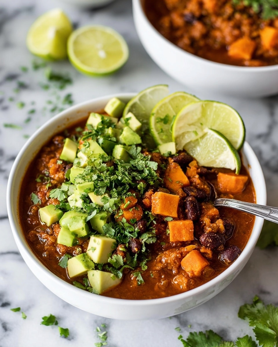 A white bowl filled with chunky chili that has three layers: the first layer is a thick reddish-brown sauce with visible black beans, white beans, and orange sweet potato cubes; the second layer is a topping of small diced light green avocado pieces scattered evenly; the third layer is fresh green chopped cilantro spread on top along with two thin, bright green lime wedges placed on one side of the bowl. The bowl rests on a white marbled surface with a few lime wedges and scattered cilantro leaves around it, a metal spoon inside the bowl on the right side, and another similar bowl blurred in the background. Photo taken with an iphone --ar 4:5 --v 7