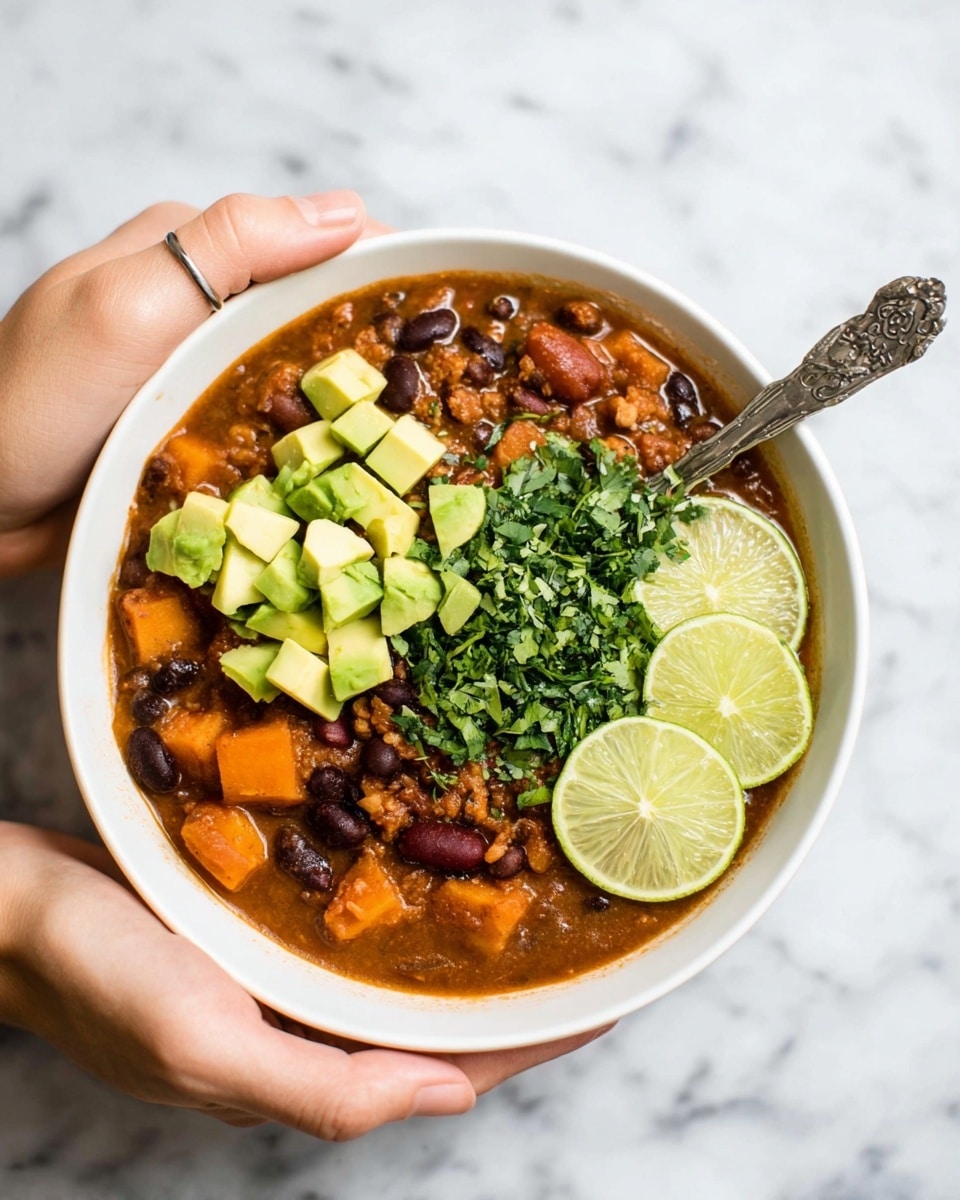 A white bowl filled with thick chili that has visible pieces of beans, ground meat, and orange chunks of sweet potato or squash in a rich brown sauce. On top, there is a layer of chopped green avocado cubes next to bright green chopped cilantro leaves, and two large lime wedges resting cut side up on one side of the bowl. The bowl is placed on a white marbled surface with a blurred lime half and scattered cilantro leaves in the background. photo taken with an iphone --ar 4:5 --v 7