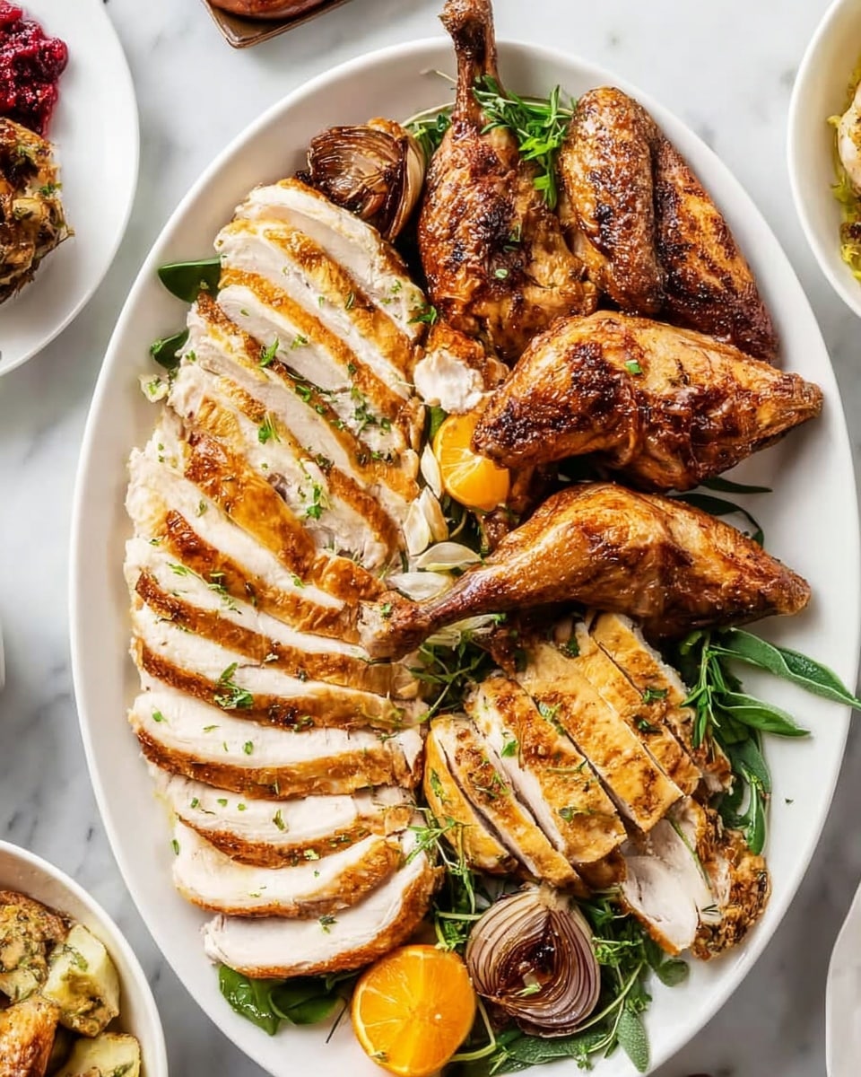 A large white oval plate holds a roasted chicken broken into several pieces arranged neatly in layers: at the bottom, two halves of sliced chicken breast with a light golden brown crispy skin and juicy white meat visible in even slices; above them, two golden brown drumsticks and two wings with crispy skin; at the top right, larger pieces of chicken with a well-roasted golden skin. Garnishing the plate are two roasted onion halves, a small orange slice, and fresh green herb sprigs placed around the edges. The plate sits on a white marbled surface with small portions of other dishes visible around it. Photo taken with an iphone --ar 4:5 --v 7