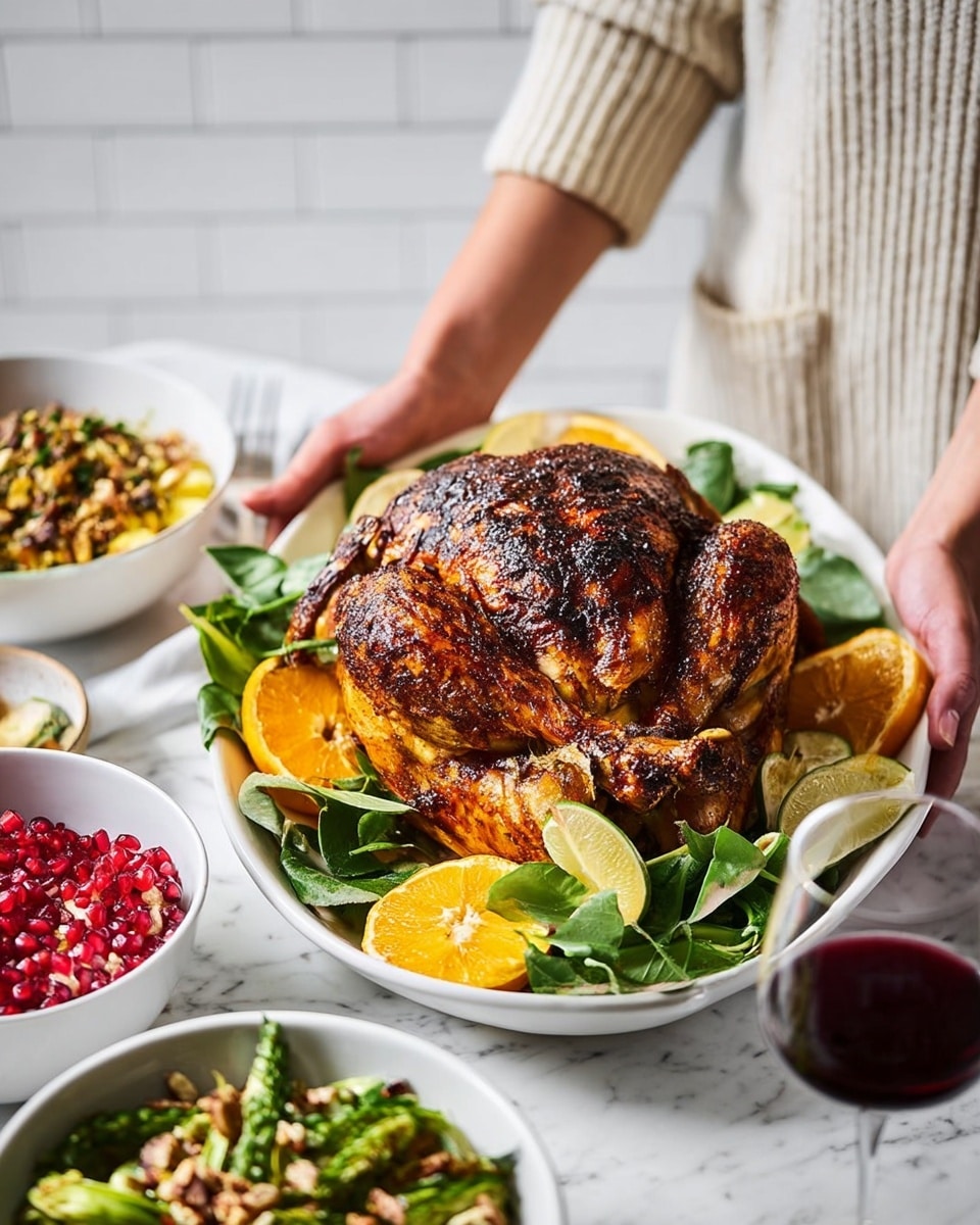 A large roasted chicken with a golden-brown, crispy skin covered in herbs sits at the center of a white oval plate. The chicken's wings and legs tuck closely to its body. Surrounding the chicken are fresh green leafy herbs, bright yellow-orange citrus slices, light green lime wedges, and a halved red pomegranate showing its seeds. The plate is on a white marbled surface with a glass of dark red wine above it, a white bowl of cranberry sauce below, a white jug of sauce to the right, and a woman's hand resting near silverware. On the upper left, a white bowl holds brown and green roasted Brussels sprouts with red pomegranate seeds, and on the lower left, a white platter contains green beans topped with crispy fried onions. Photo taken with an iphone --ar 4:5 --v 7