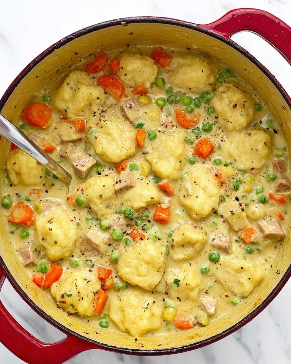 A red pot filled with a thick stew made of many large, yellow biscuit-like dumplings sitting on top of a mix of small, orange carrot slices, green peas, small pale cubes of cooked chicken, and bits of yellow corn, all mixed in a light brown creamy sauce; a shiny metal spoon rests inside the pot with part of the stew scooped up, all placed on a white marbled surface photo taken with an iphone --ar 4:5 --v 7