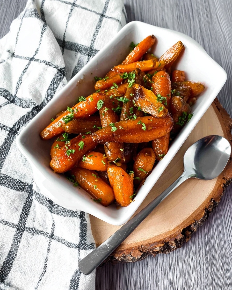 A white rectangular dish holds a pile of glazed roasted baby carrots with a shiny, slightly caramelized orange-brown color. They are cut into varied sizes and shapes, some long and thin, some short and stubby, and sprinkled with small green chopped herbs evenly over the top. The dish is placed on a round wooden board with bark edges, resting on a grey wood-textured surface. Next to the dish, a silver spoon lies on a white cloth with large black and grey checkered patterns. Photo taken with an iphone --ar 4:5 --v 7