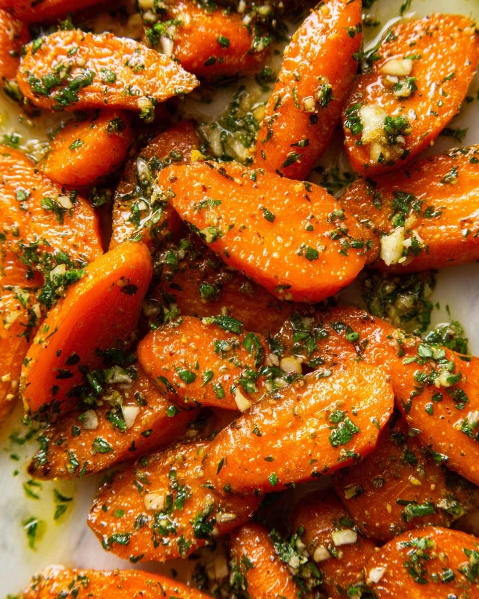 This image shows a white round plate filled with roasted orange carrot wedges, coated in a fresh green herb and garlic sauce, glistening with oil. The carrots are evenly spread, with a mix of larger and smaller pieces, all having a shiny, slightly crispy texture. Small bits of herbs and chopped garlic pieces are scattered on and around the carrots, making the dish look flavorful. Two metal silver spoons rest at the edge of the plate, with some sauce droplets on them. The plate is placed on a white marbled surface. photo taken with an iphone --ar 4:5 --v 7